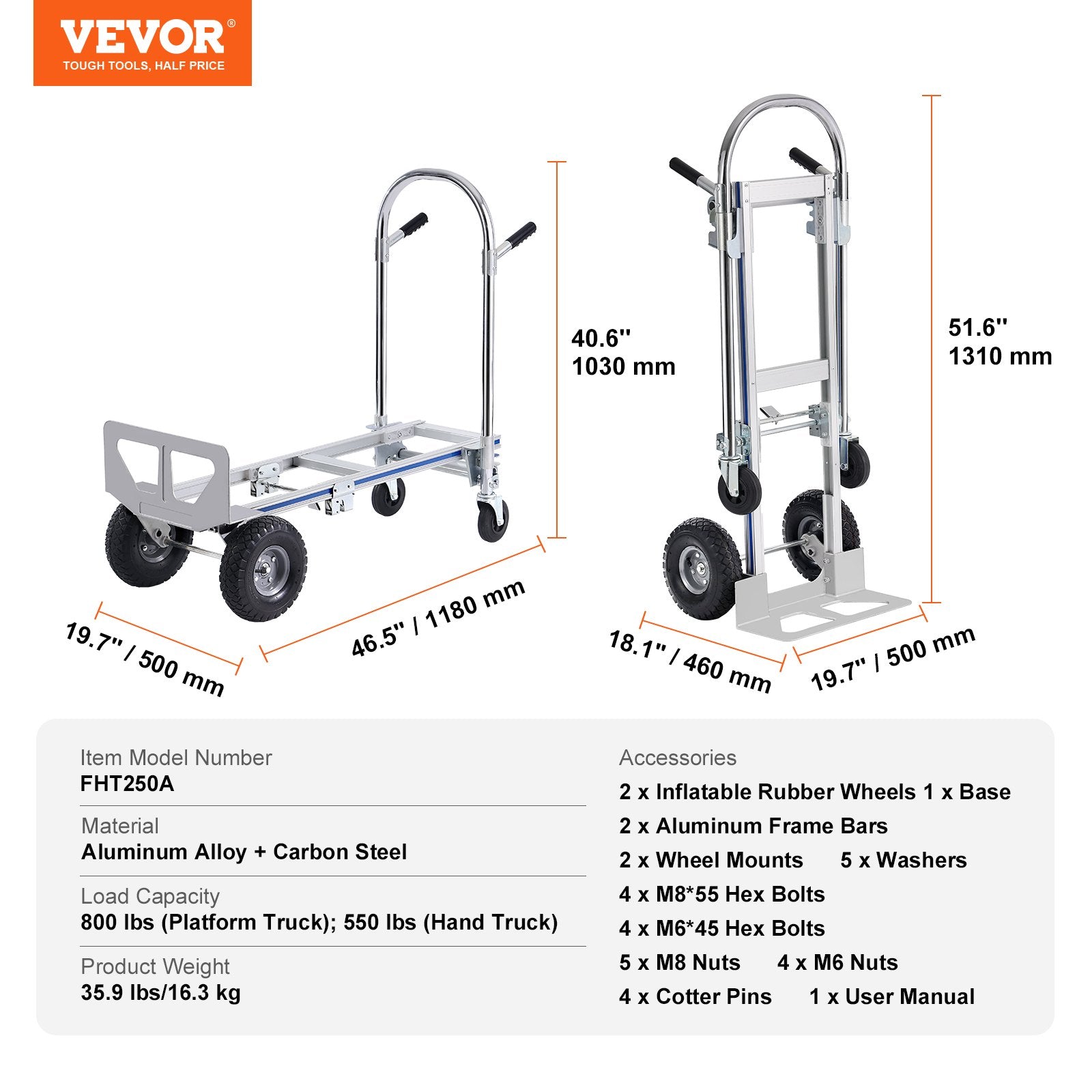 Aluminum Hand Truck, 2 in 1, 363 kg Max Load Capacity, Heavy Duty Industrial Convertible Folding Hand Truck V952-DGNSTHC800BEQ4JJTV0