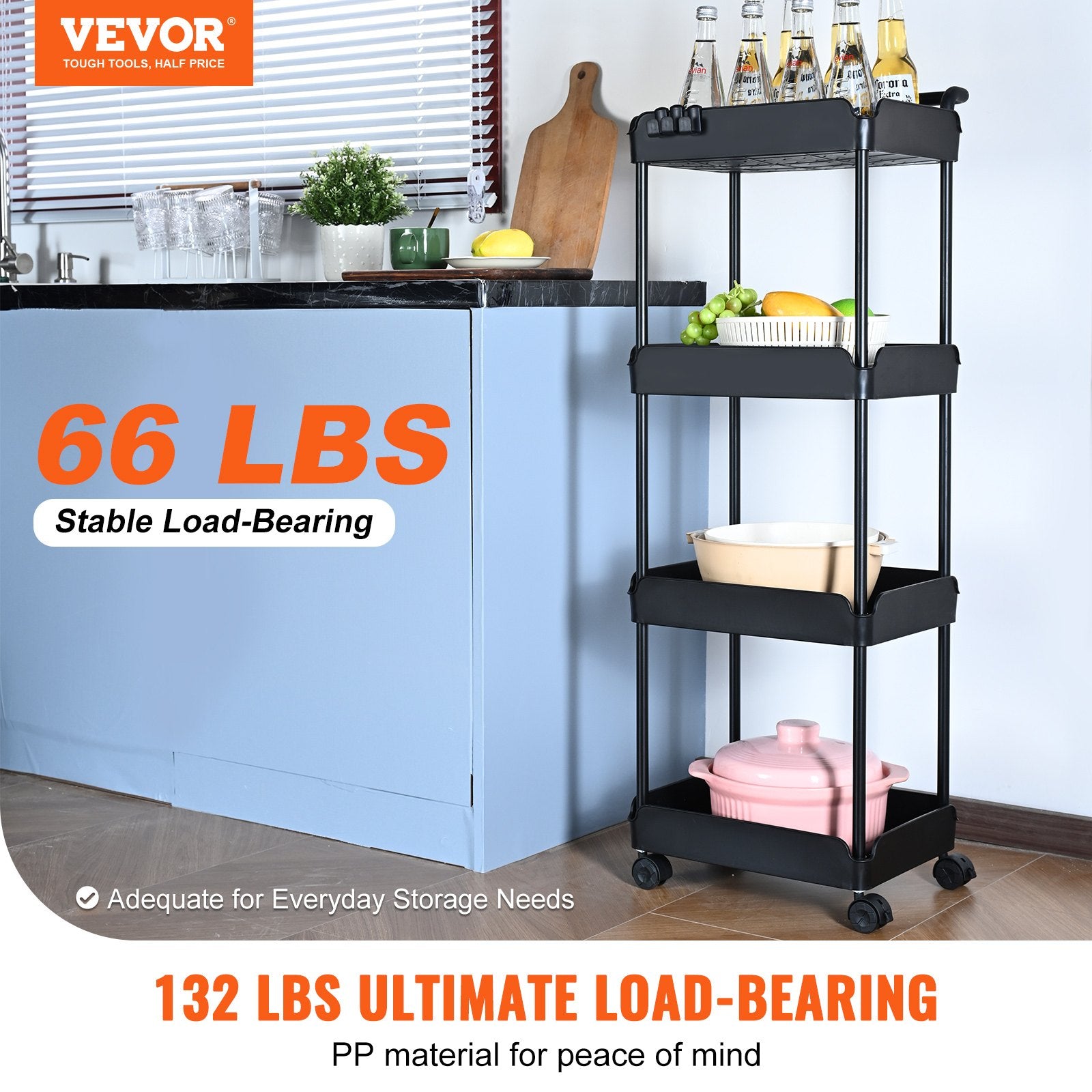 4-Tier Kitchen Rolling Cart Basket Utility Cart on Wheel with Handle Black V952-DGNTCHS4CLKSH4R74V0
