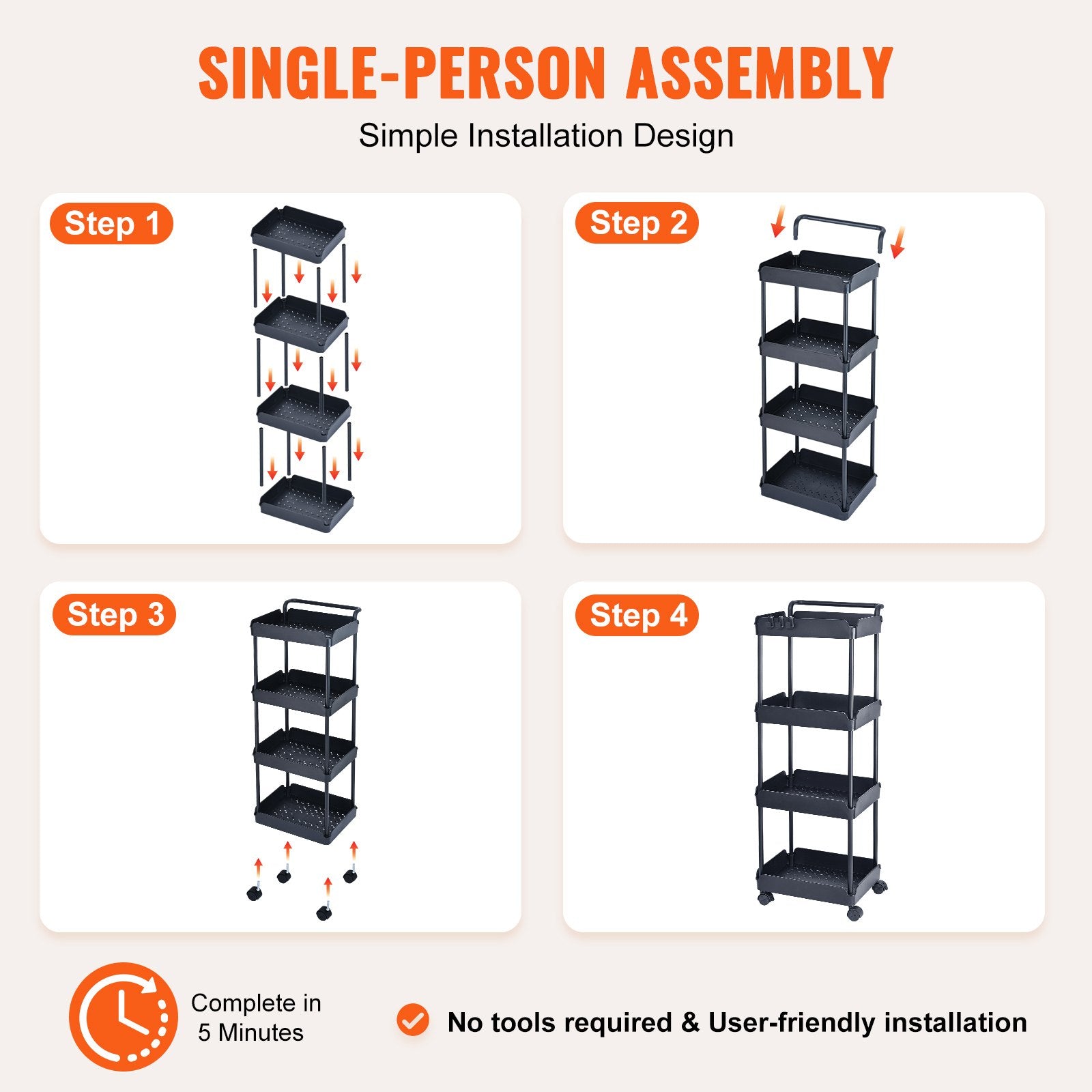 4-Tier Kitchen Rolling Cart Basket Utility Cart on Wheel with Handle Black V952-DGNTCHS4CLKSH4R74V0