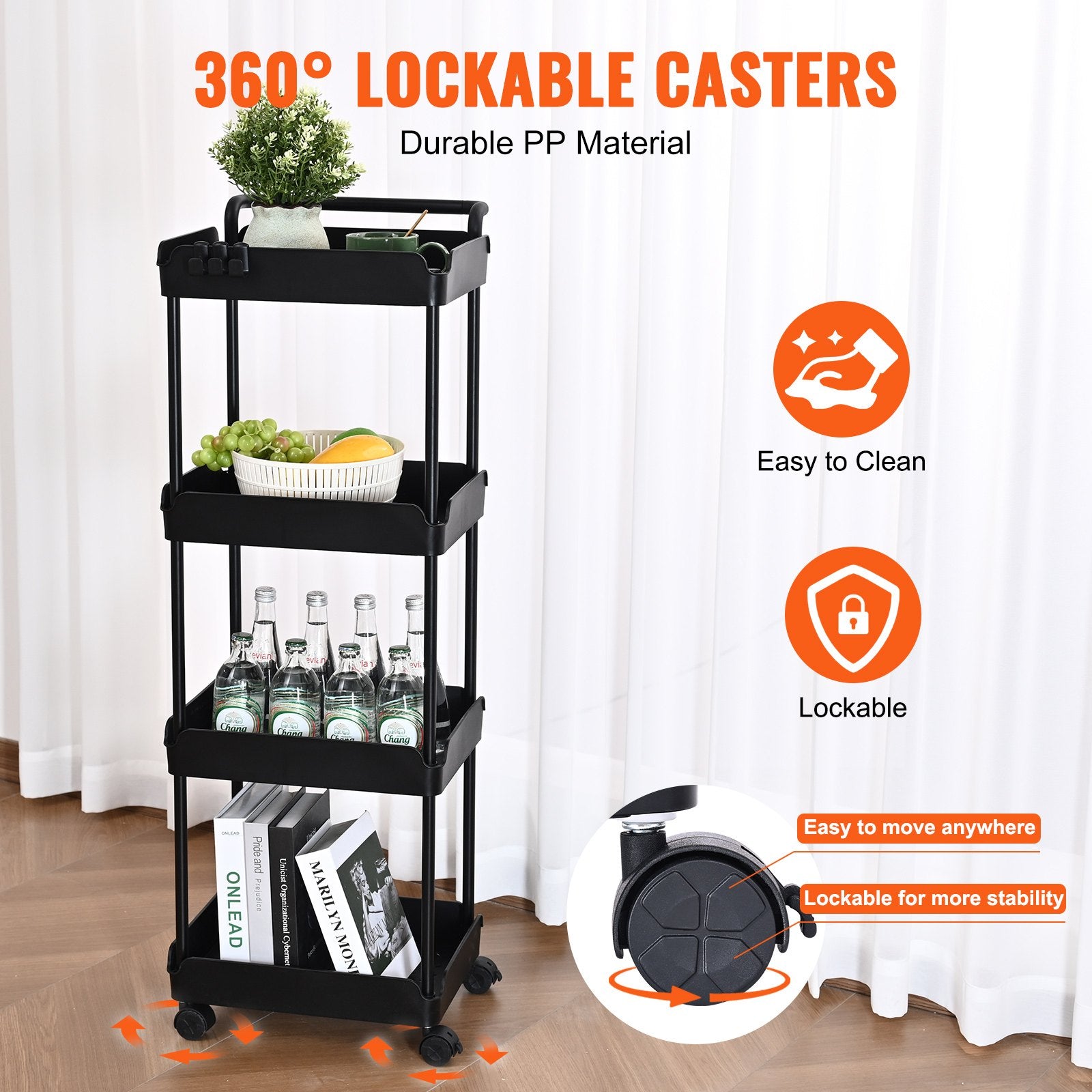4-Tier Kitchen Rolling Cart Basket Utility Cart on Wheel with Handle Black V952-DGNTCHS4CLKSH4R74V0