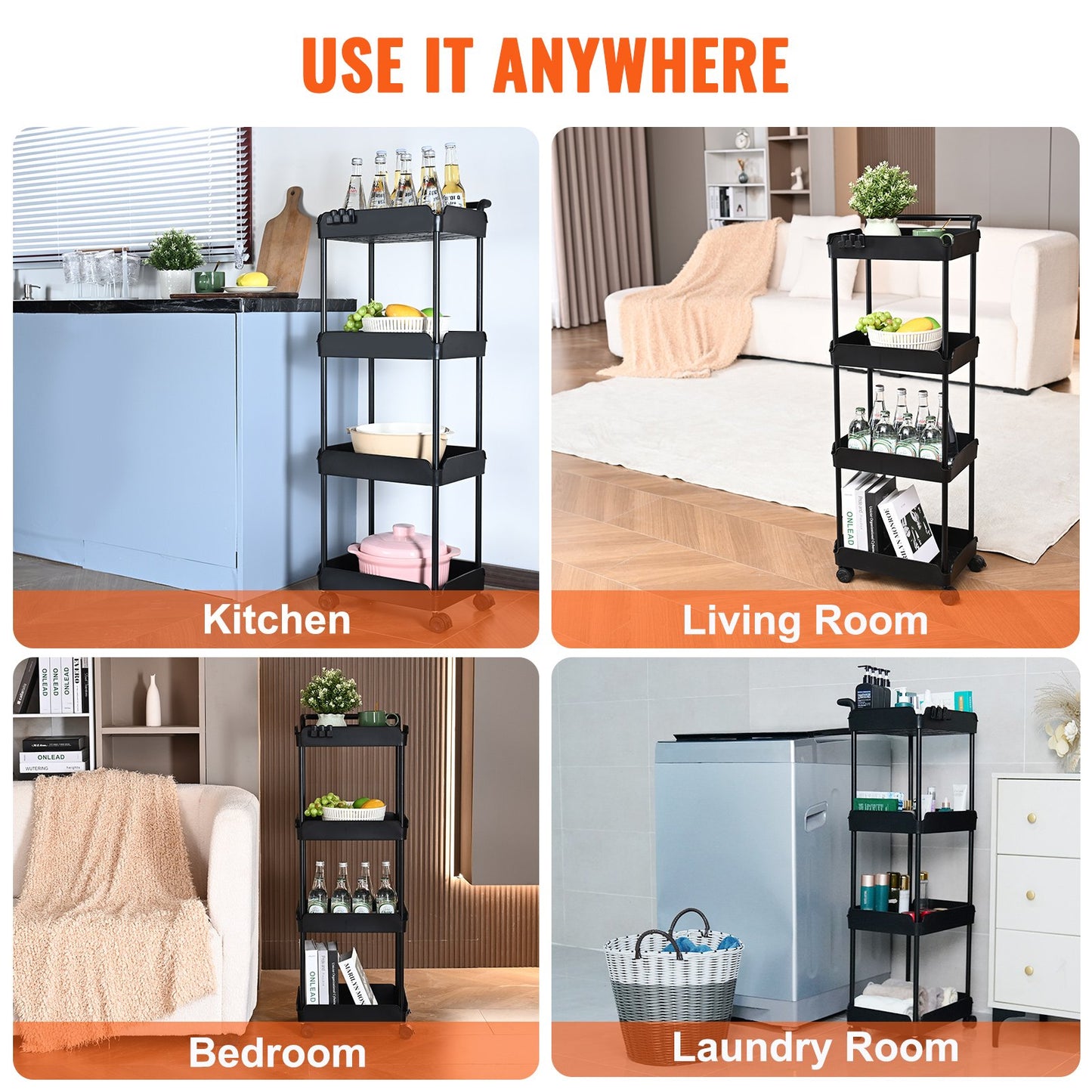 4-Tier Kitchen Rolling Cart Basket Utility Cart on Wheel with Handle Black V952-DGNTCHS4CLKSH4R74V0