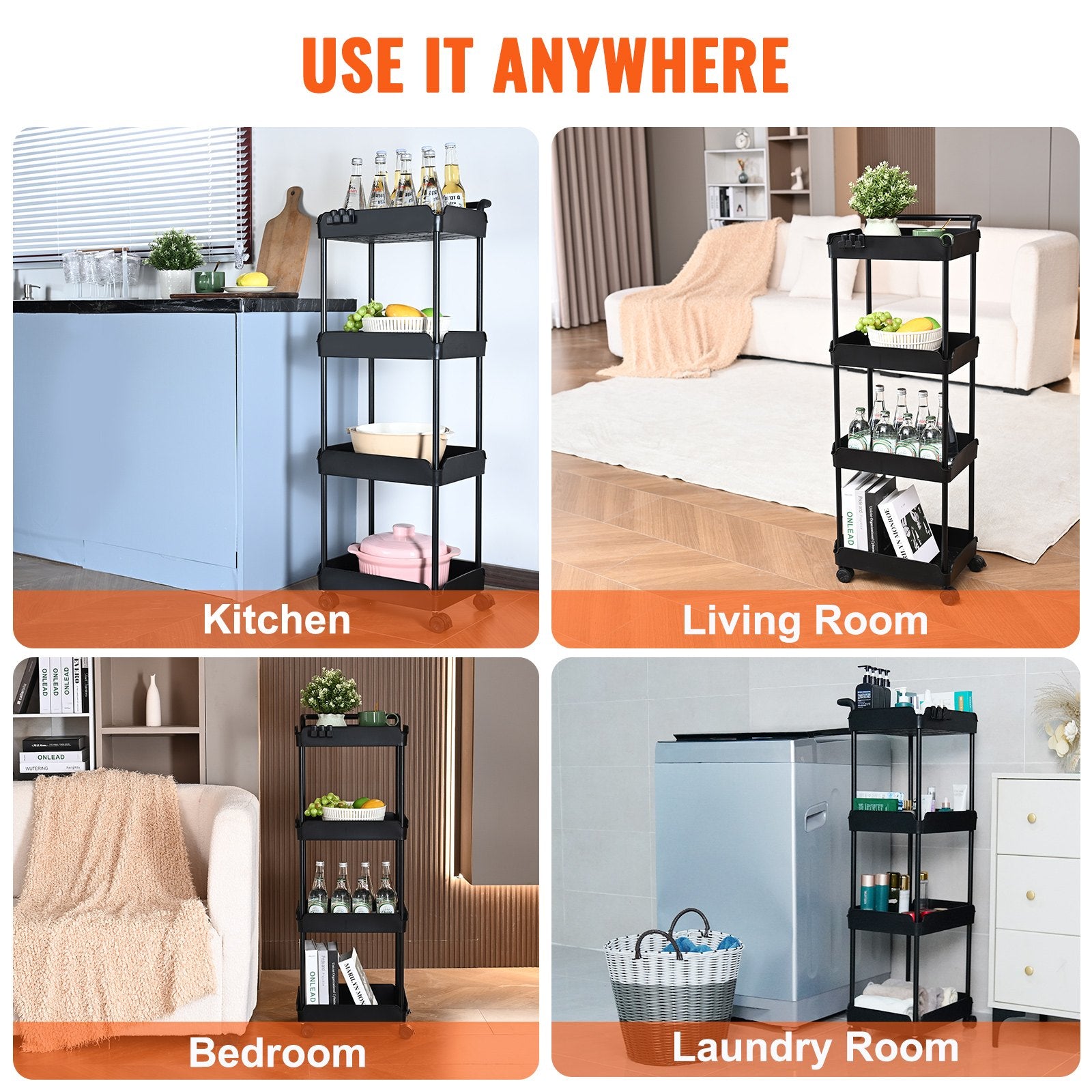 4-Tier Kitchen Rolling Cart Basket Utility Cart on Wheel with Handle Black V952-DGNTCHS4CLKSH4R74V0