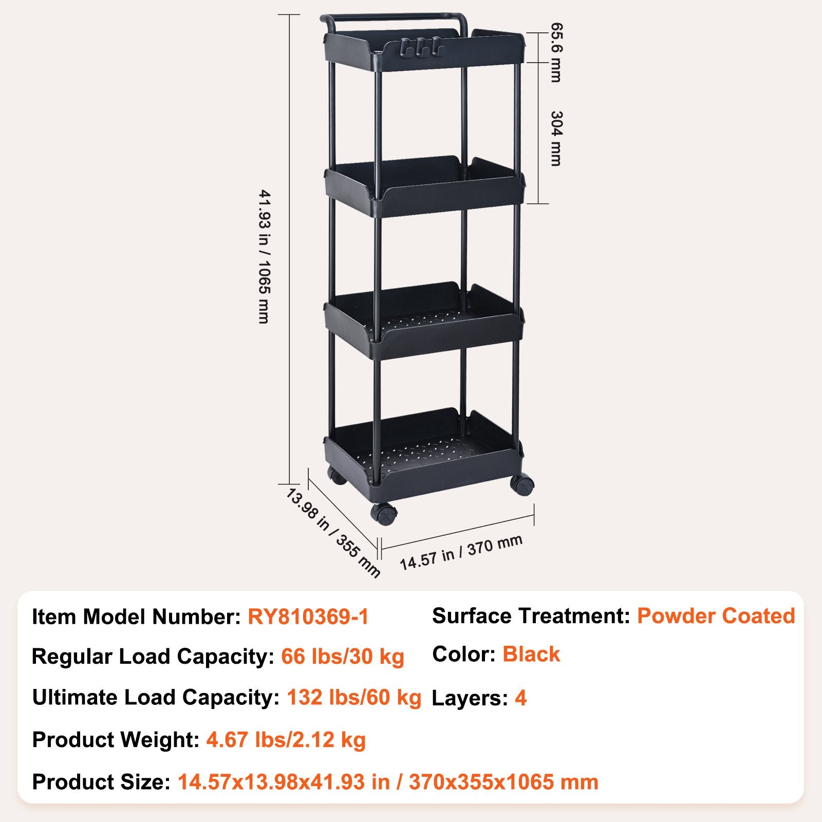 4-Tier Kitchen Rolling Cart Basket Utility Cart on Wheel with Handle Black V952-DGNTCHS4CLKSH4R74V0