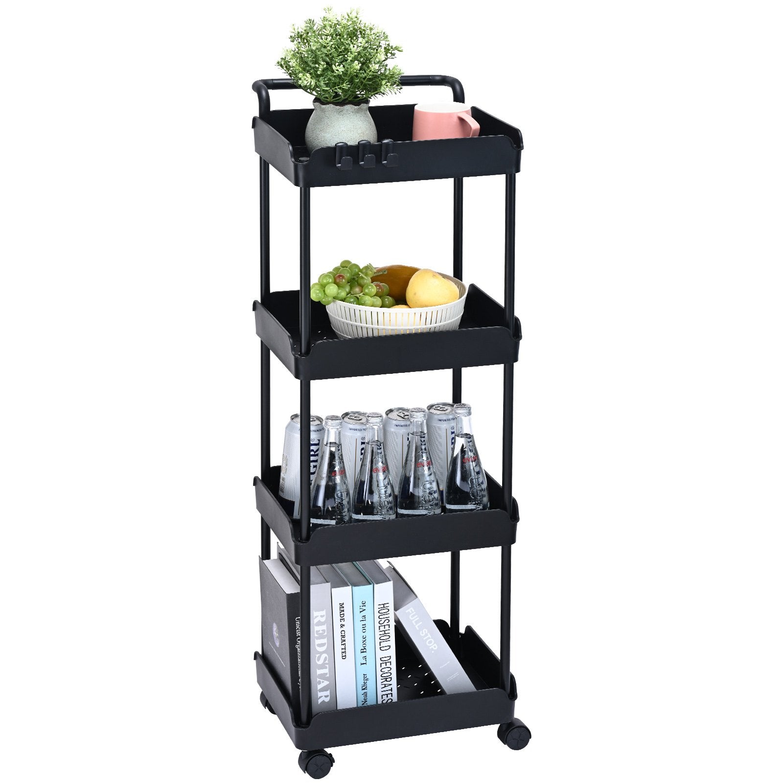 4-Tier Kitchen Rolling Cart Basket Utility Cart on Wheel with Handle Black V952-DGNTCHS4CLKSH4R74V0