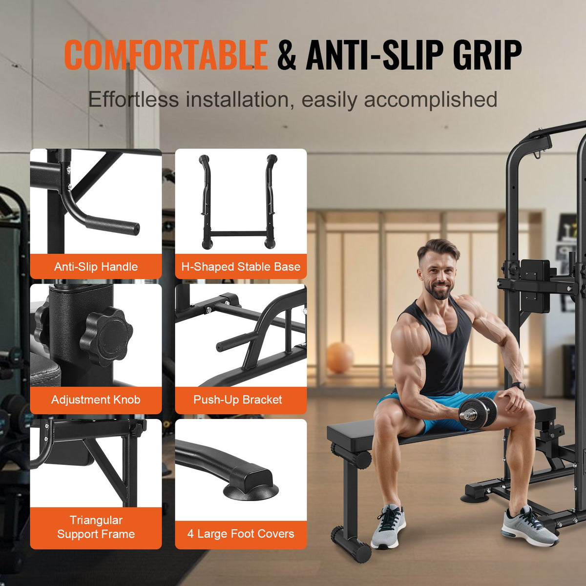 Power Tower with Bench, 10-Level Height Adjustable Pull Up Bar Stand Dip Station & Detachable Bench, V952-DGNYTXSJDZDK4EQYXV0