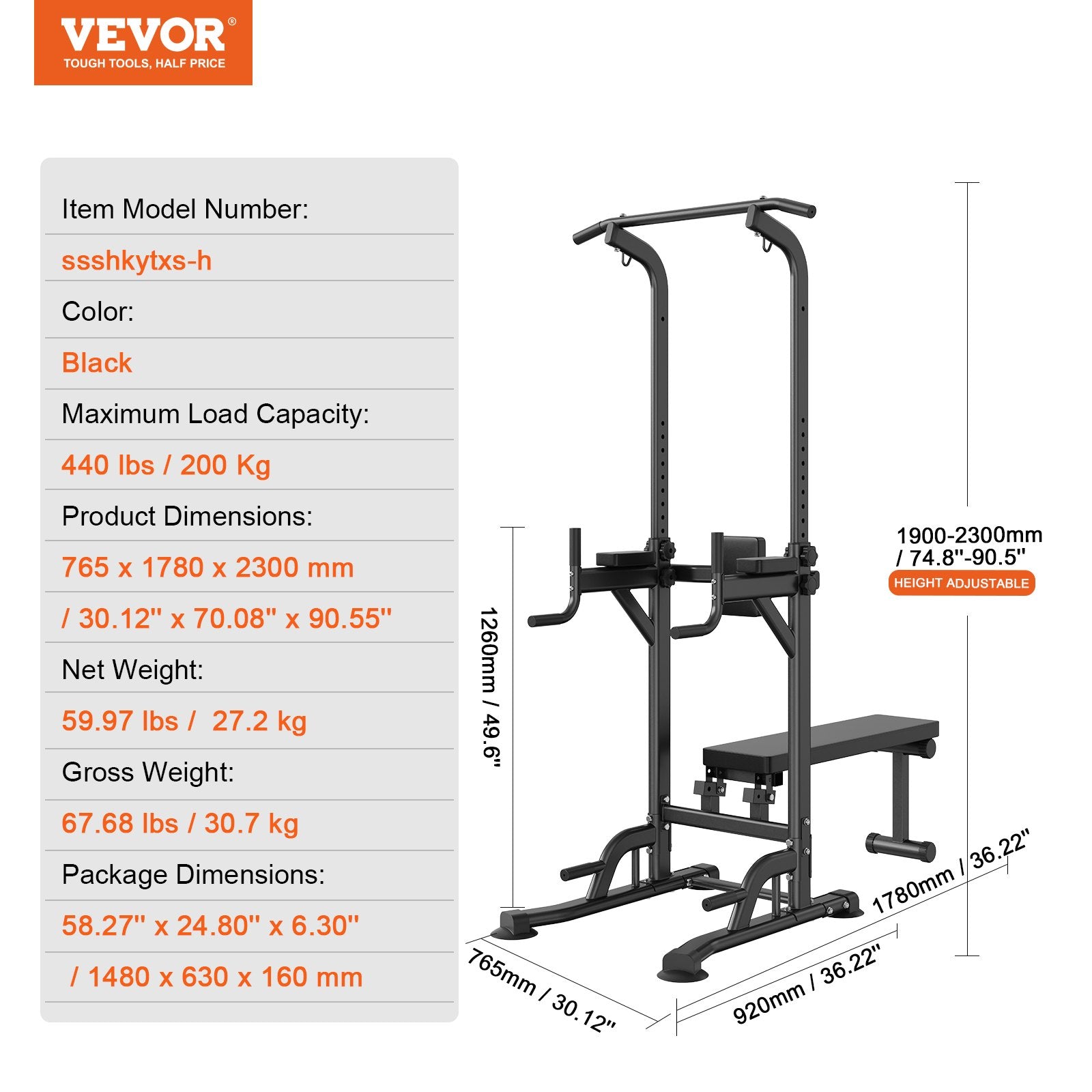 Power Tower with Bench, 10-Level Height Adjustable Pull Up Bar Stand Dip Station & Detachable Bench, V952-DGNYTXSJDZDK4EQYXV0