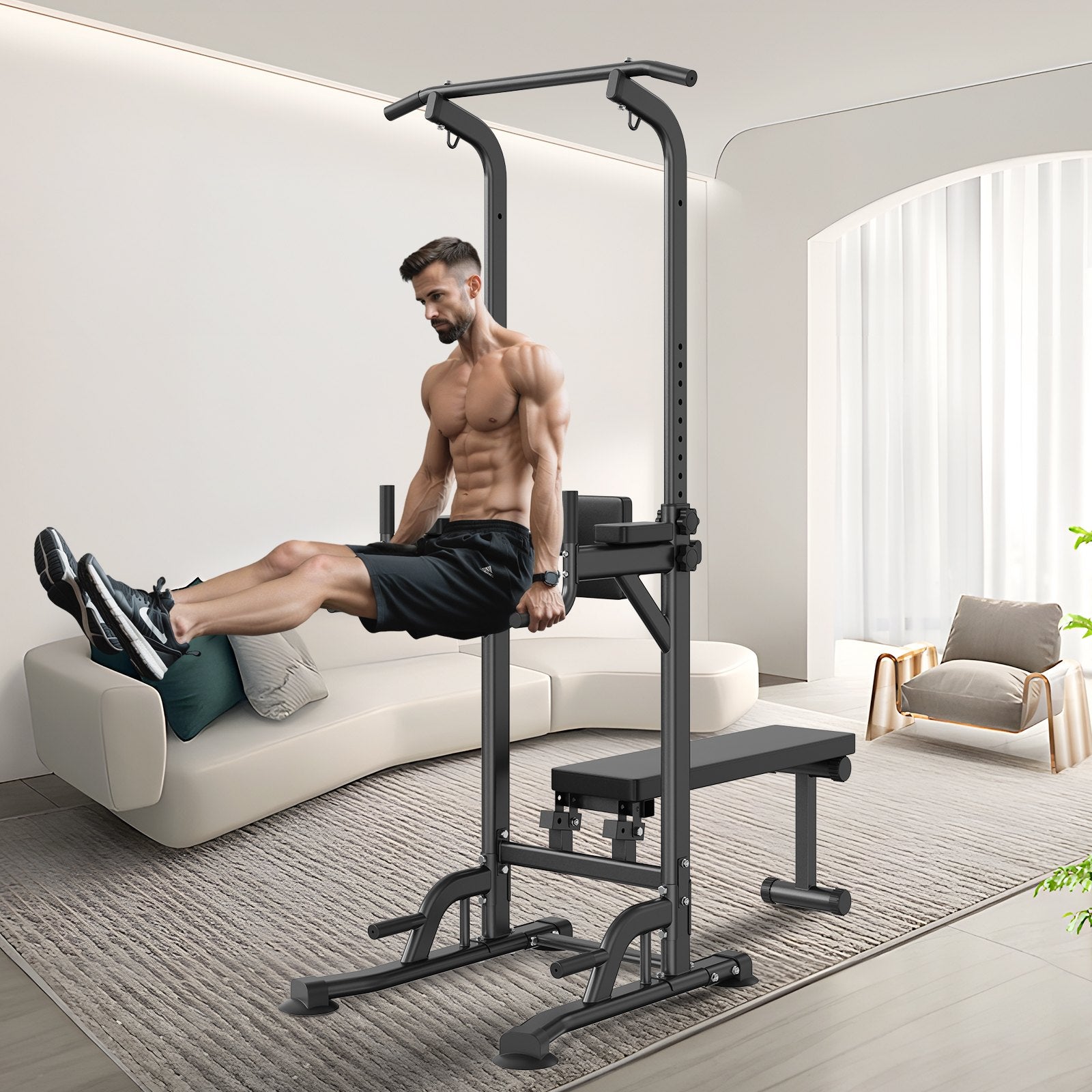 Power Tower with Bench, 10-Level Height Adjustable Pull Up Bar Stand Dip Station & Detachable Bench, V952-DGNYTXSJDZDK4EQYXV0