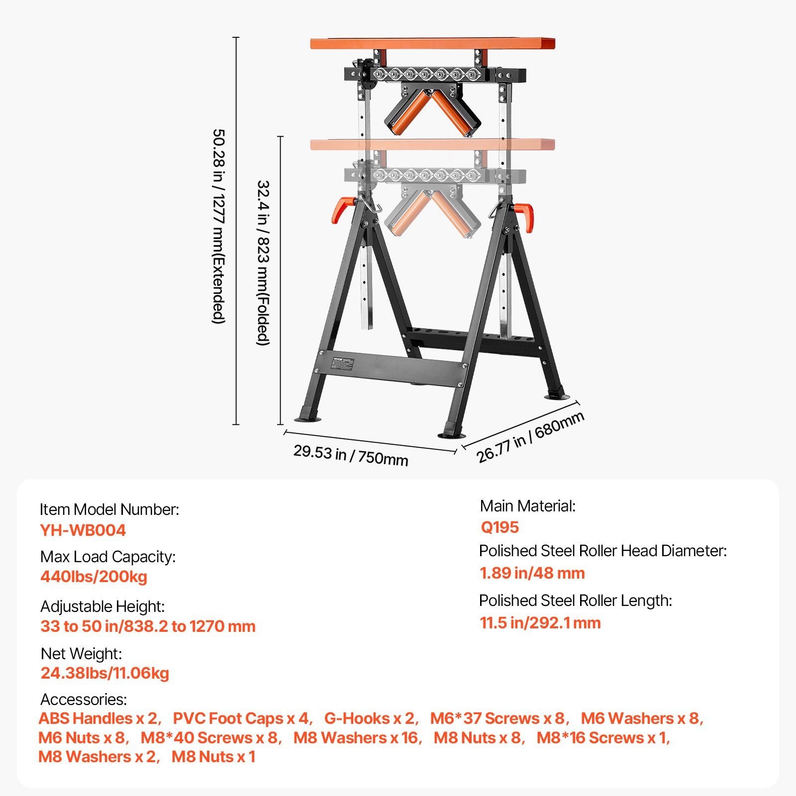 4-in-1 Roller Stand, 220 kg Load Capacity, 838.2-1270 mm Adjustable Height, Folding Heavy Duty with Rack & V952-DGZDZGTMGGJ4QQC0MV0