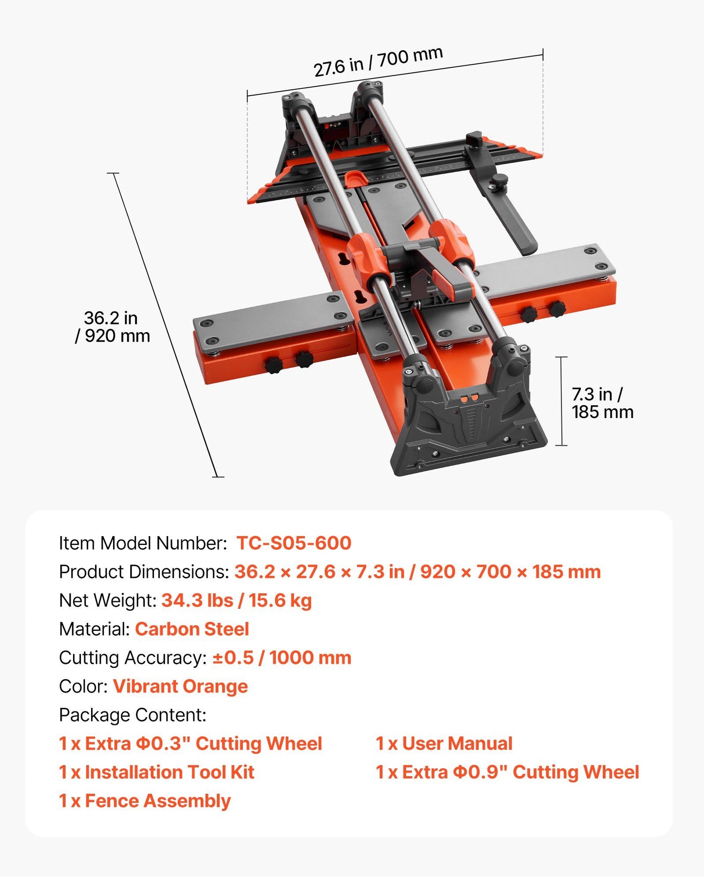 600 mm Manual Tile Cutter, Upgraded Sliding Head Cutting Tool with Spring-Loaded Base, Angle Fence, Tungsten V952-DHDZHDTSJK06UFL78001V0