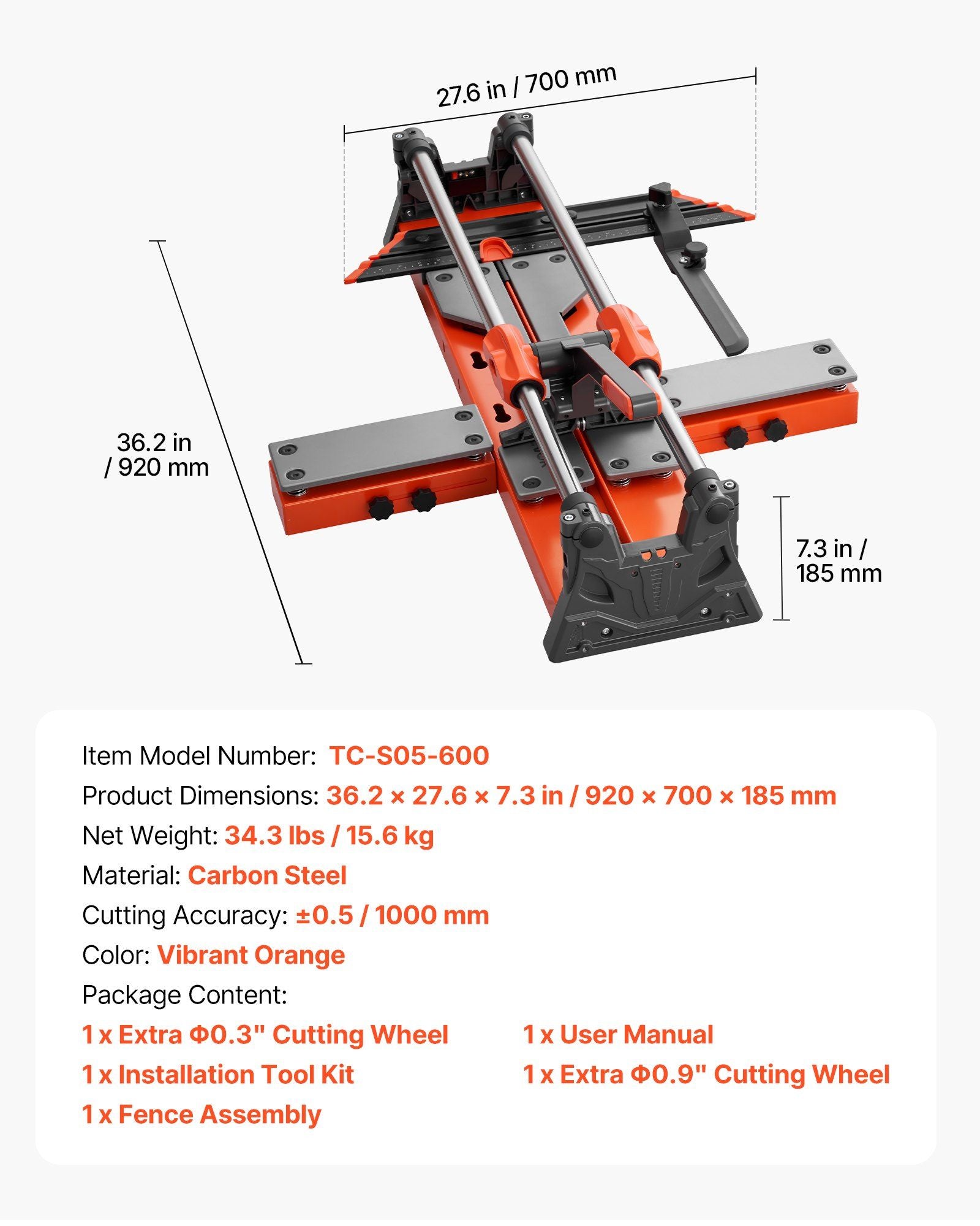 600 mm Manual Tile Cutter, Upgraded Sliding Head Cutting Tool with Spring-Loaded Base, Angle Fence, Tungsten V952-DHDZHDTSJK06UFL78001V0