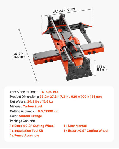 600 mm Manual Tile Cutter, Upgraded Sliding Head Cutting Tool with Spring-Loaded Base, Angle Fence, Tungsten V952-DHDZHDTSJK06UFL78001V0