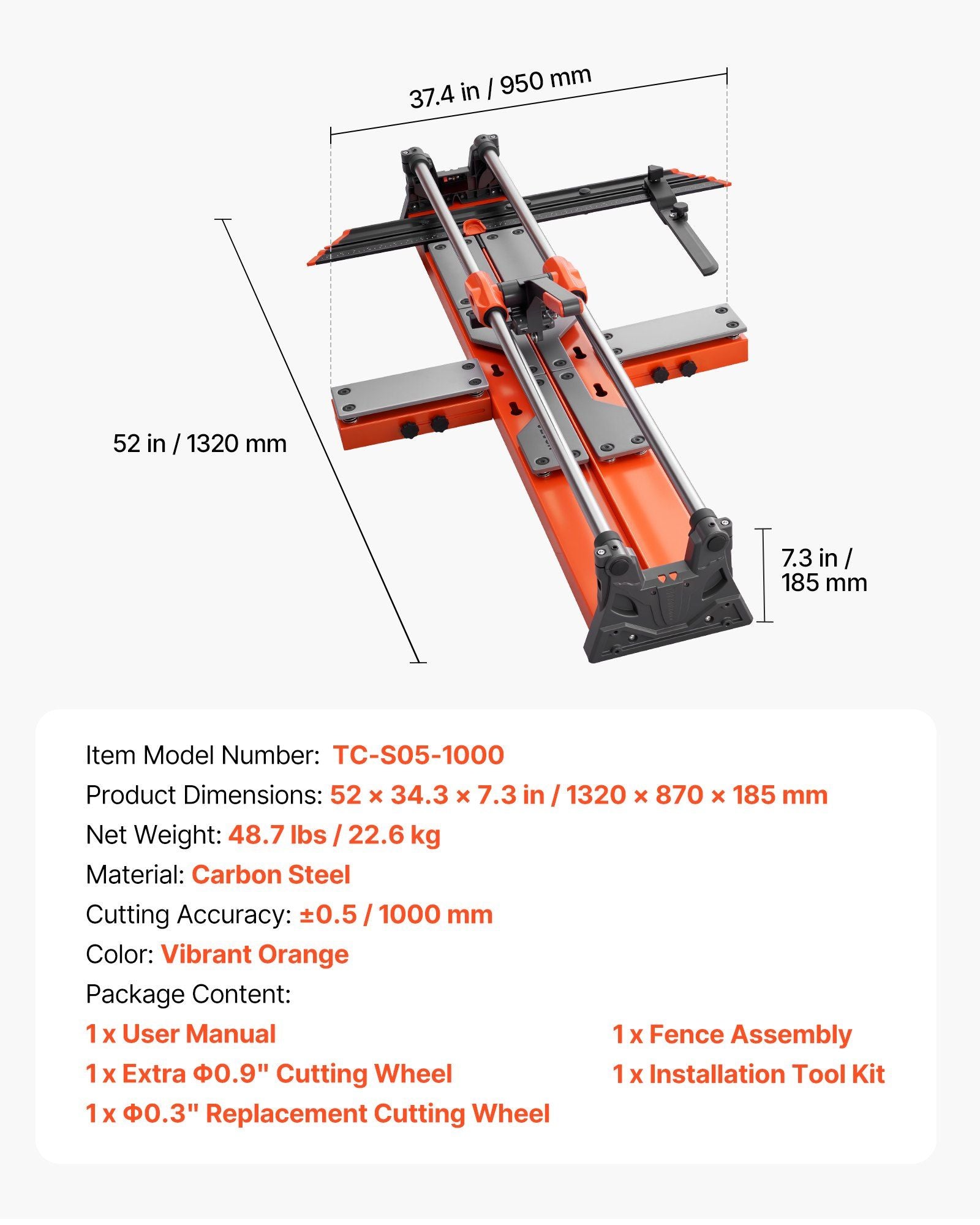 1000 mm Manual Tile Cutter, Upgraded Sliding Head Cutting Tool with Spring-Loaded Base, Angle Fence, Tungsten V952-DHDZHDTSJK1060S0L001V0