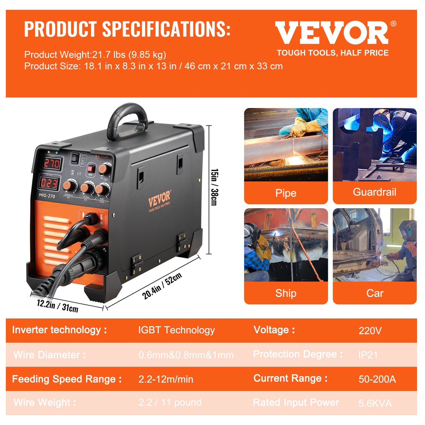 Mig Welder Welding Machine MIG-270 MIG MMA TIG IGBT DC Inverter Welder Digital Display V952-DHJMIGMMAMIGLL6WNV3