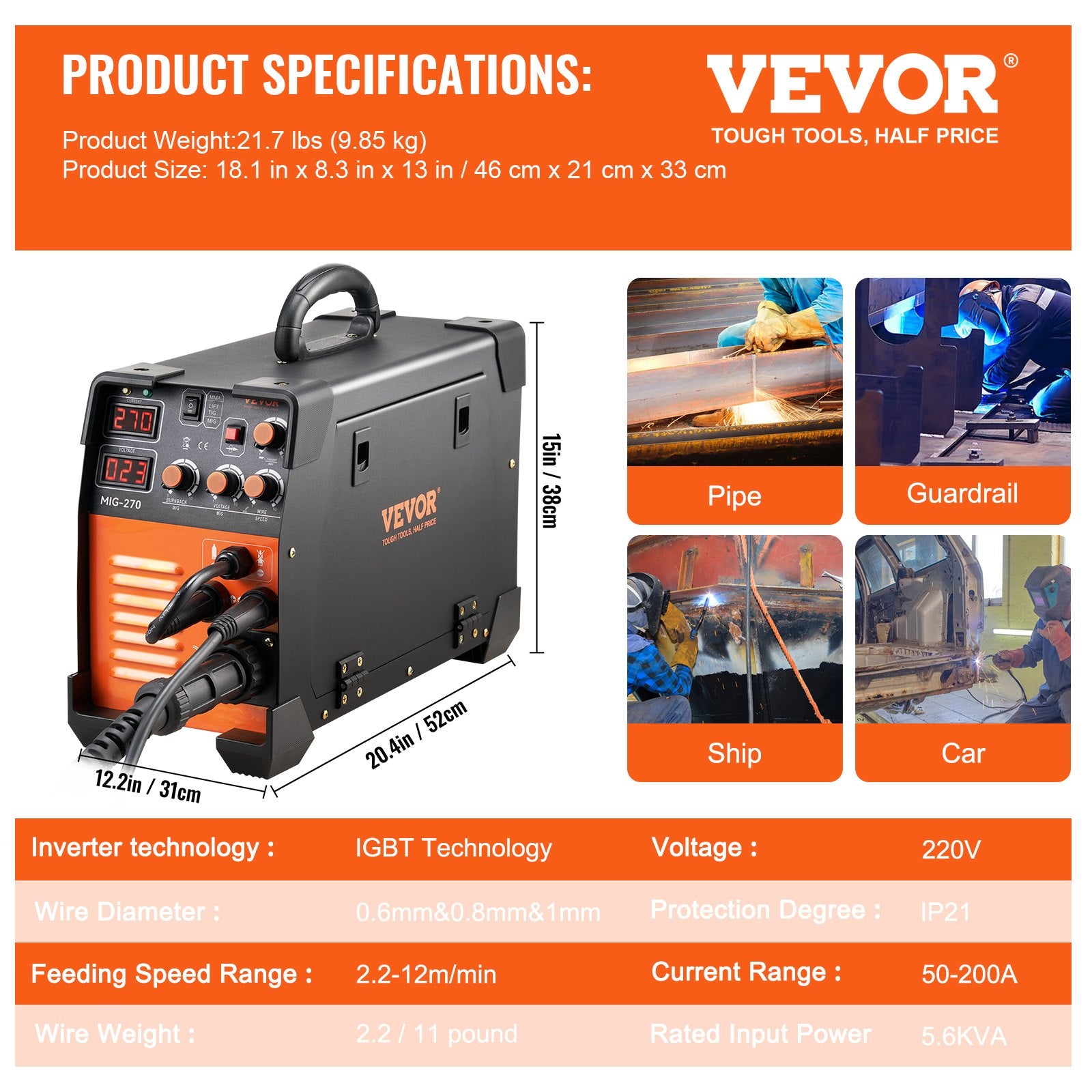 Mig Welder Welding Machine MIG-270 MIG MMA TIG IGBT DC Inverter Welder Digital Display V952-DHJMIGMMAMIGLL6WNV3