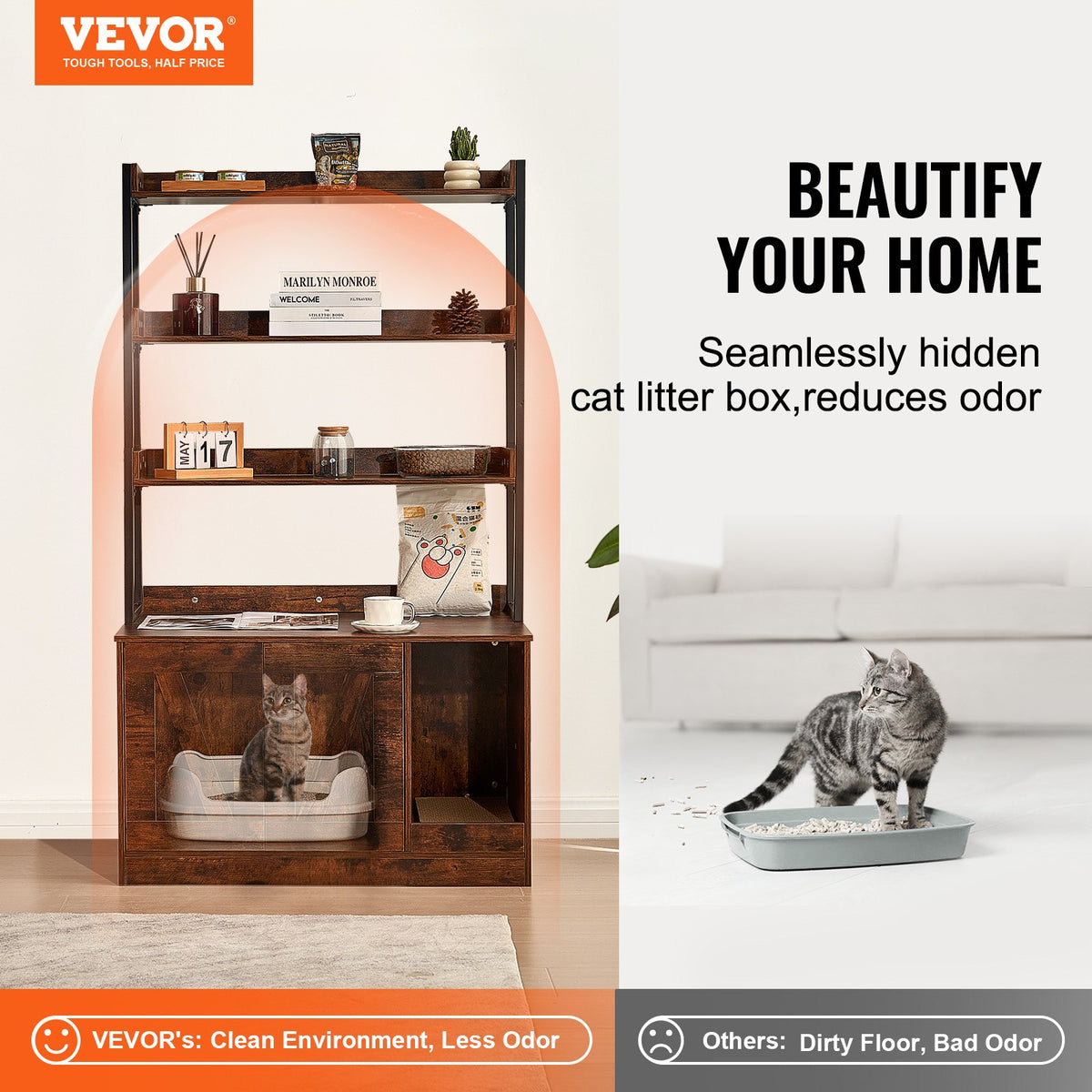 Cat Litter Box Enclosure Wooden Litter Box Furniture Hidden with 3 Shelves V952-DHSCBBSNJSMSUOAB6V0