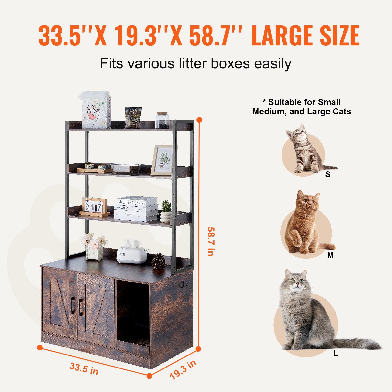 Cat Litter Box Enclosure Wooden Litter Box Furniture Hidden with 3 Shelves V952-DHSCBBSNJSMSUOAB6V0