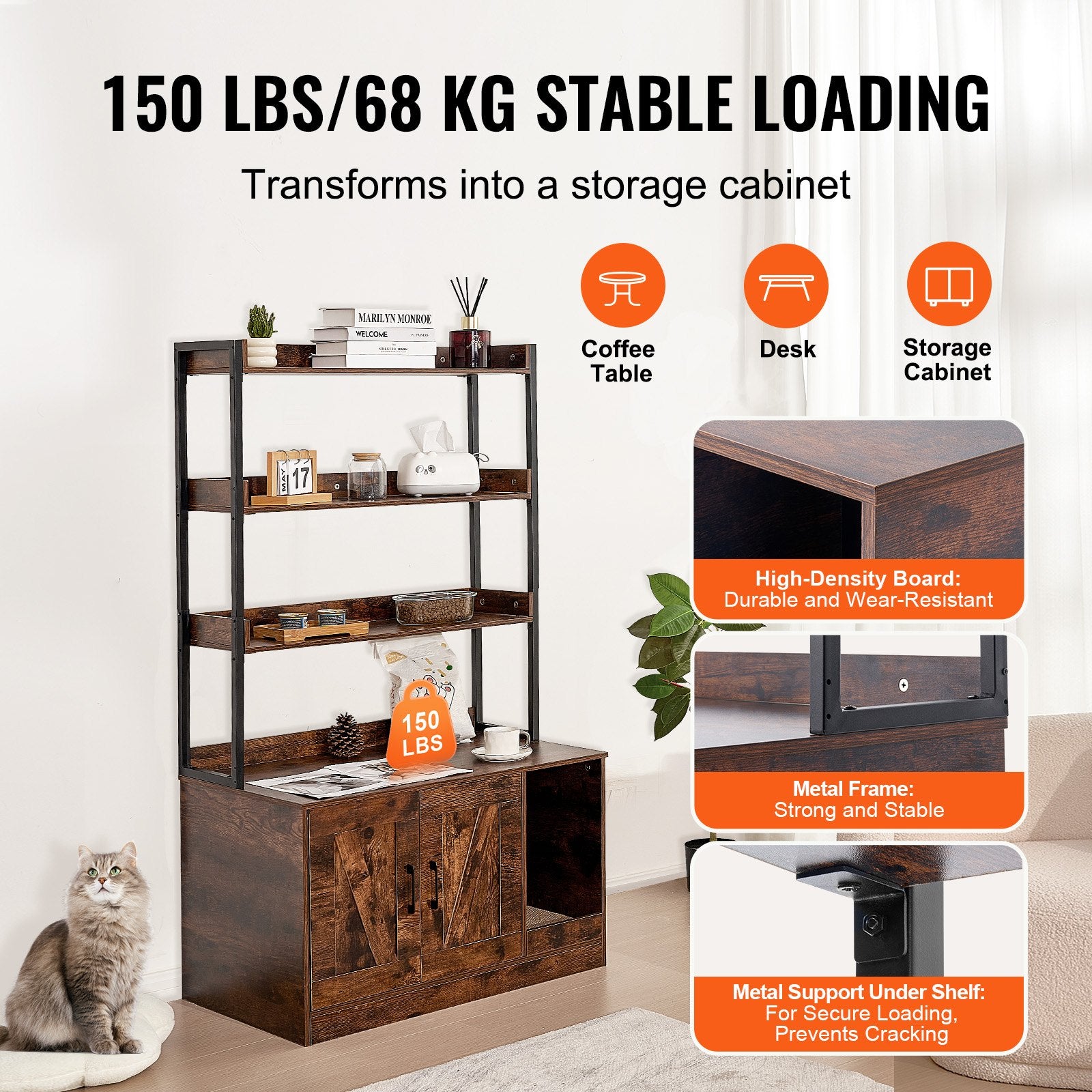 Cat Litter Box Enclosure Wooden Litter Box Furniture Hidden with 3 Shelves V952-DHSCBBSNJSMSUOAB6V0