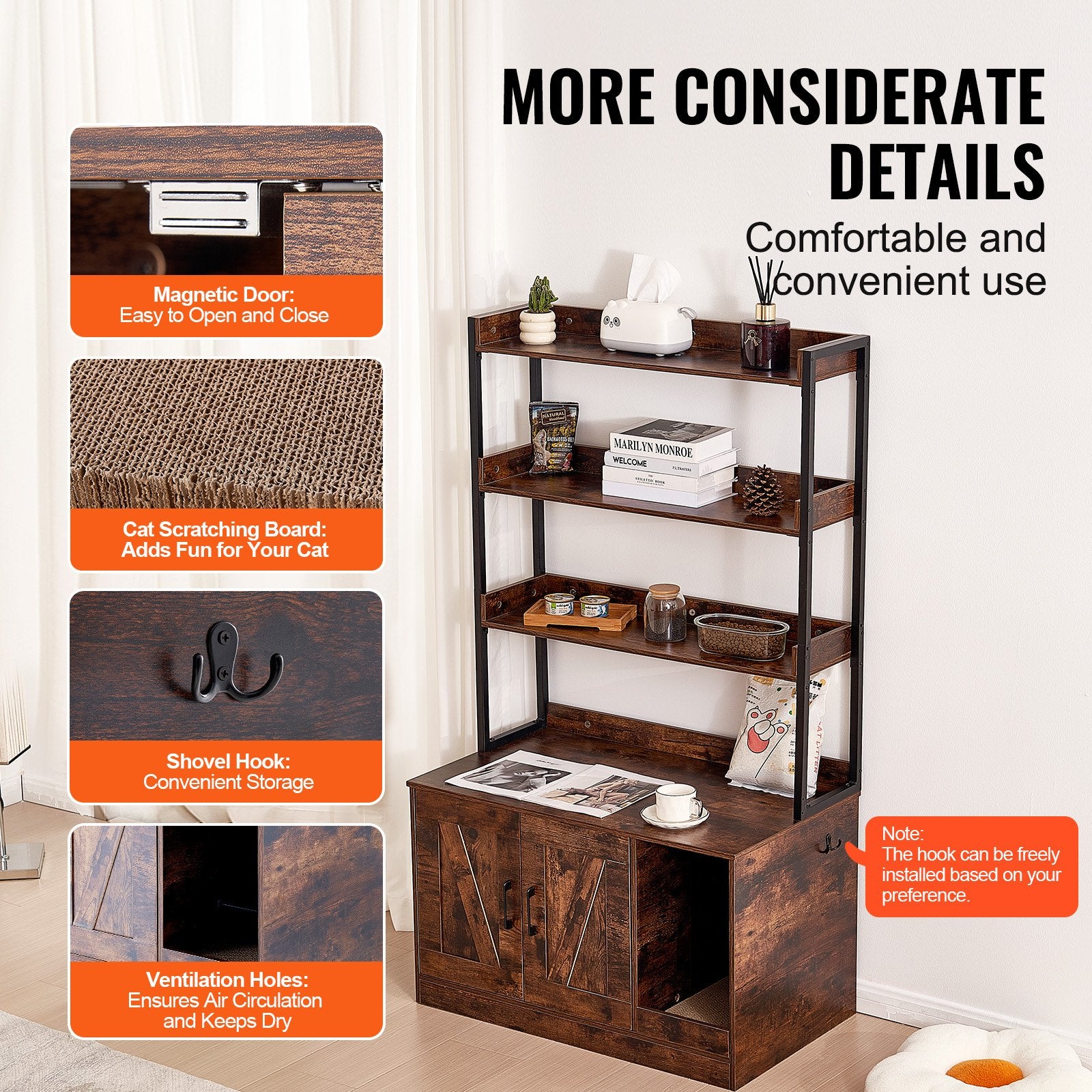 Cat Litter Box Enclosure Wooden Litter Box Furniture Hidden with 3 Shelves V952-DHSCBBSNJSMSUOAB6V0