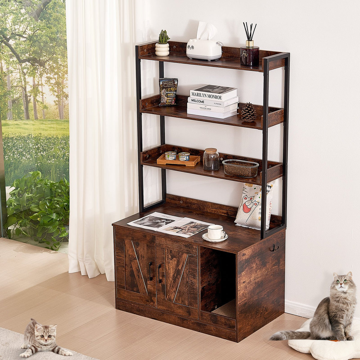Cat Litter Box Enclosure Wooden Litter Box Furniture Hidden with 3 Shelves V952-DHSCBBSNJSMSUOAB6V0