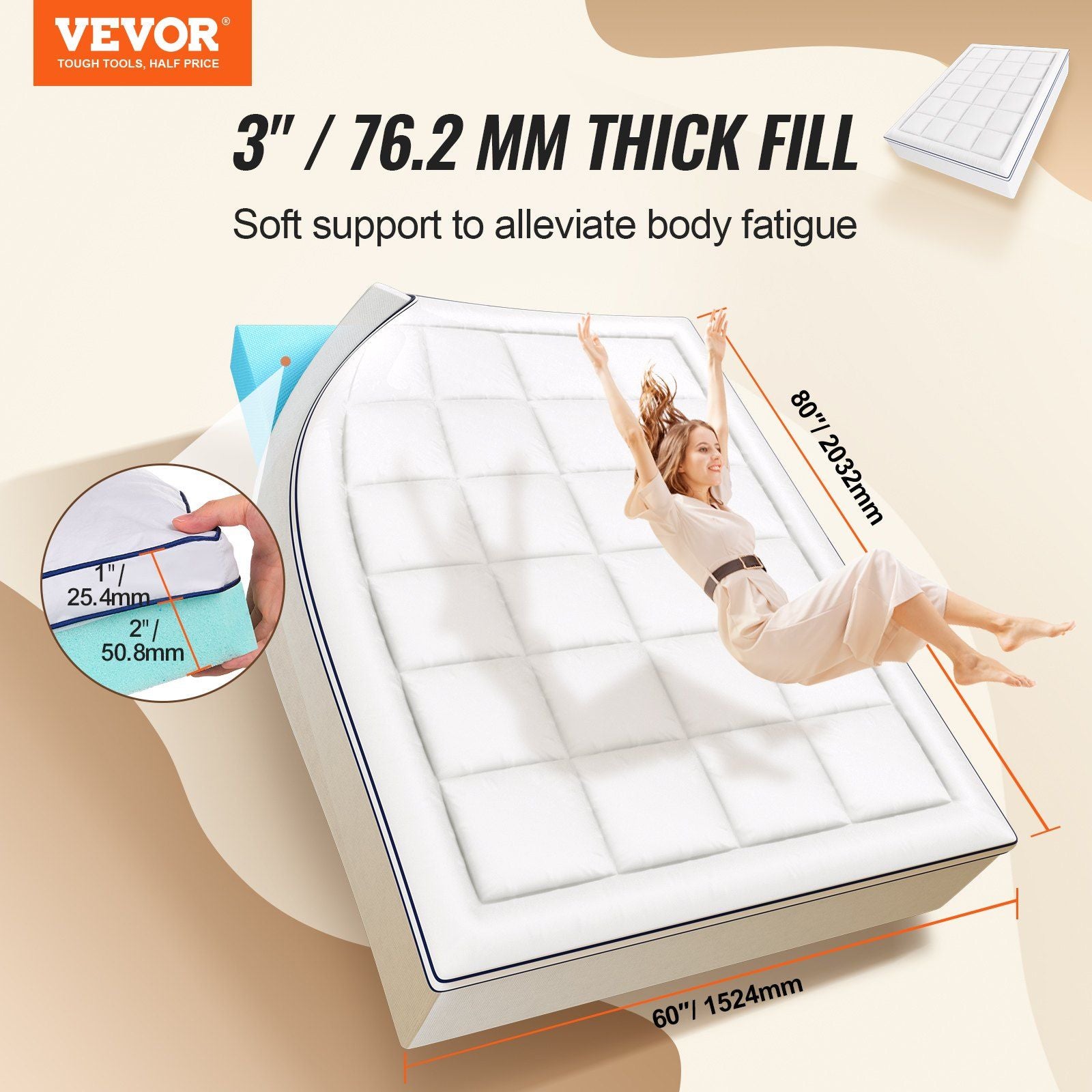 Mattress Topper, Queen Size, 76.2 mm Thickness, Memory Foam, Fiber Fill, Detachable & Washable, Ergonomically V952-DHYCDZ6080INB13V8V0