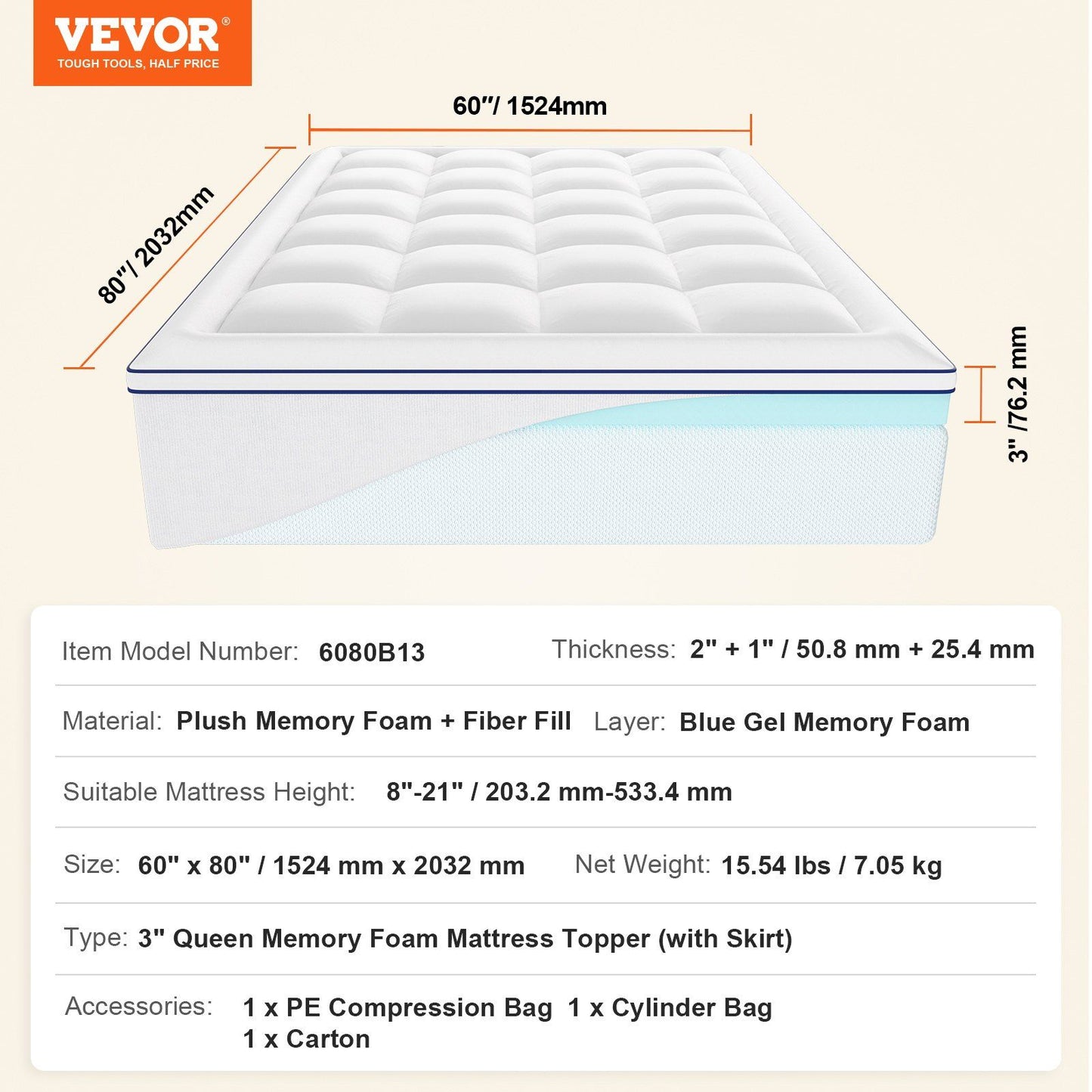 Mattress Topper, Queen Size, 76.2 mm Thickness, Memory Foam, Fiber Fill, Detachable & Washable, Ergonomically V952-DHYCDZ6080INB13V8V0