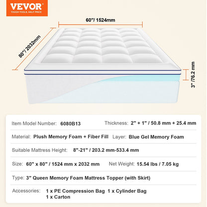 Mattress Topper, Queen Size, 76.2 mm Thickness, Memory Foam, Fiber Fill, Detachable & Washable, Ergonomically V952-DHYCDZ6080INB13V8V0