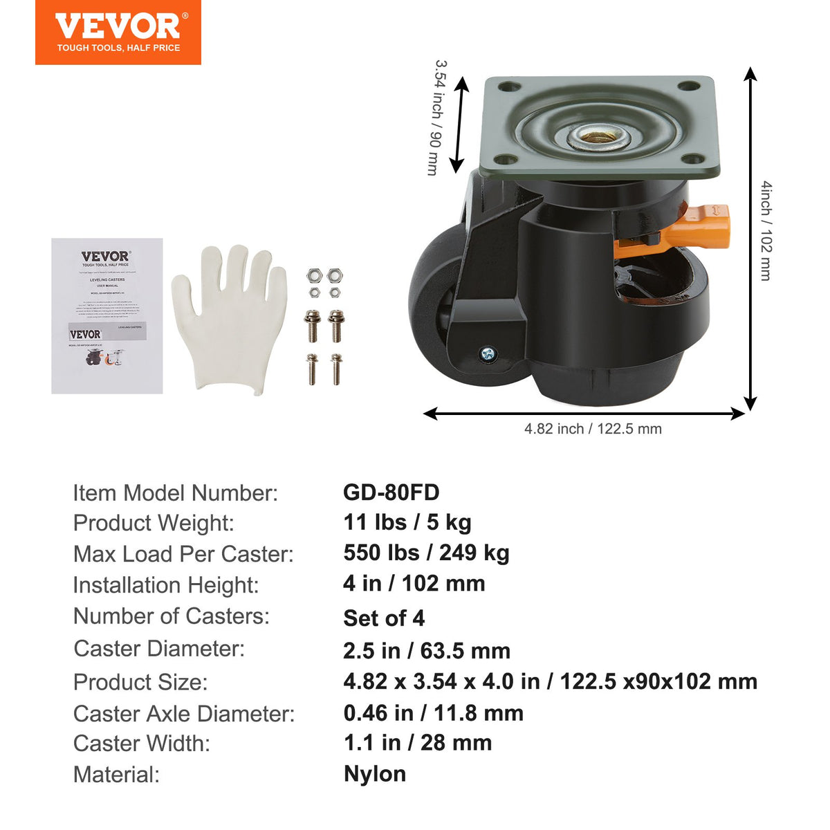 Leveling Casters, Set of 4, 1000 kg Total Load Capacity, 63.5 mm, Heavy Duty with Upgraded Handle Design, 360 V952-DJJLBSDJPBS4EN0Q3V0