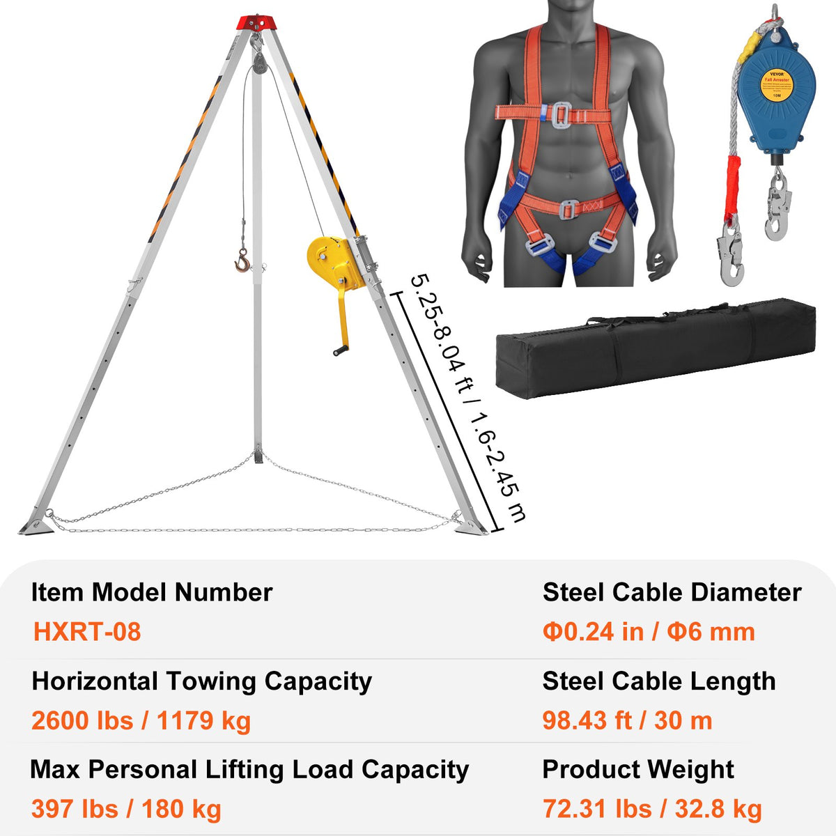 Confined Space Tripod Kit, 2600 lbs Winch, Confined Space Tripod 8' Legs and 98' Cable, Confined Space Rescue V952-DJPJYSJJ2600T2F4PV0