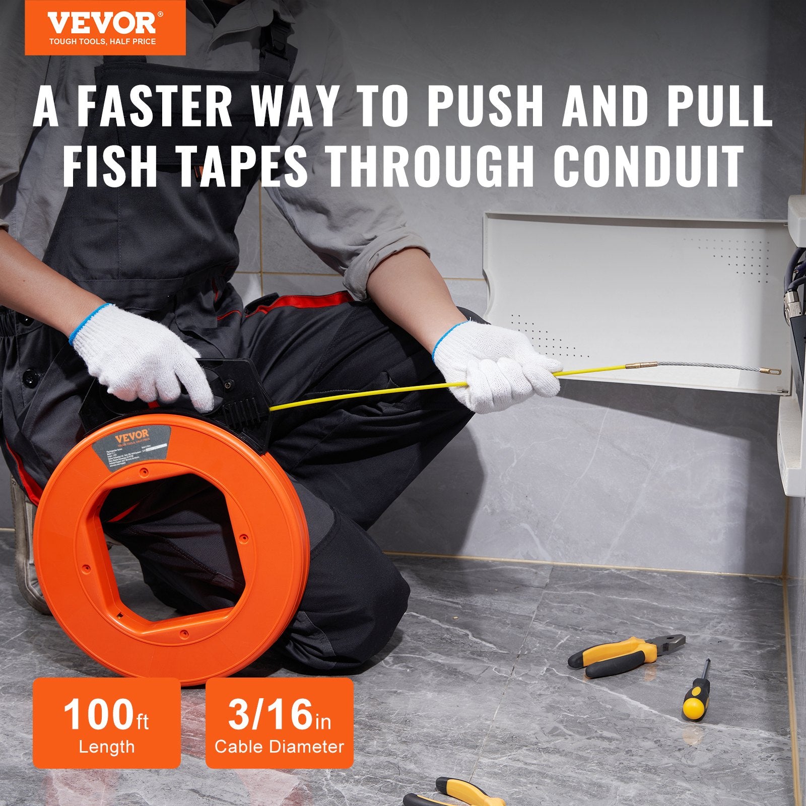 Fish Tape, 100 ft, 3/16-inch, Fiberglass Wire Puller with Optimized Housing and Handle, Easy-to-Use Cable V952-DJPYD316100FT6K90V0