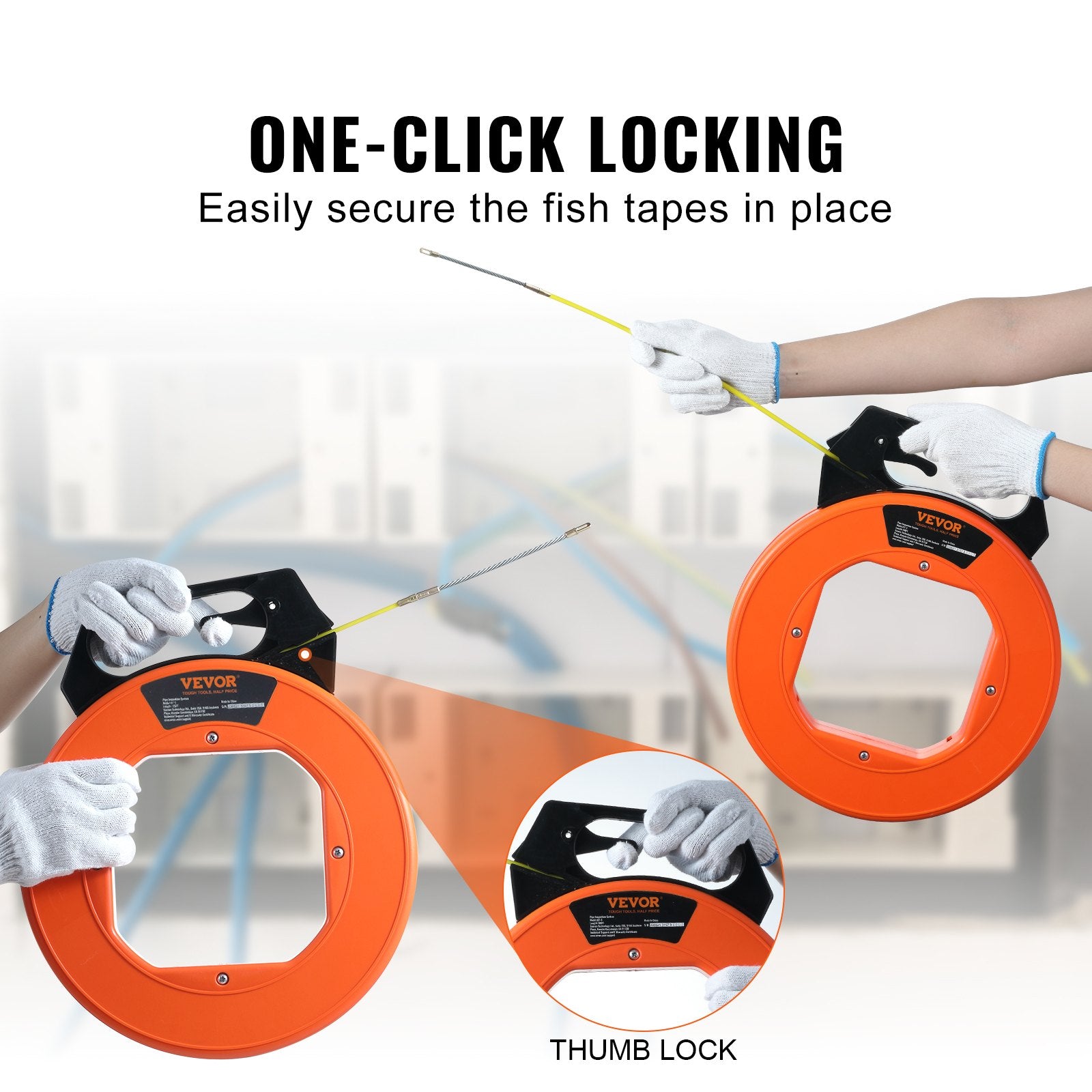 Fish Tape, 100 ft, 3/16-inch, Fiberglass Wire Puller with Optimized Housing and Handle, Easy-to-Use Cable V952-DJPYD316100FT6K90V0