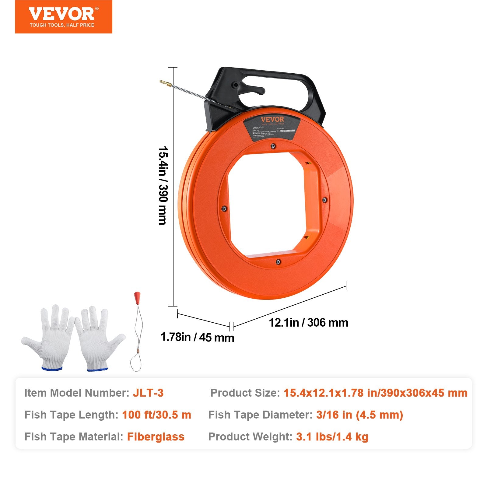 Fish Tape, 100 ft, 3/16-inch, Fiberglass Wire Puller with Optimized Housing and Handle, Easy-to-Use Cable V952-DJPYD316100FT6K90V0