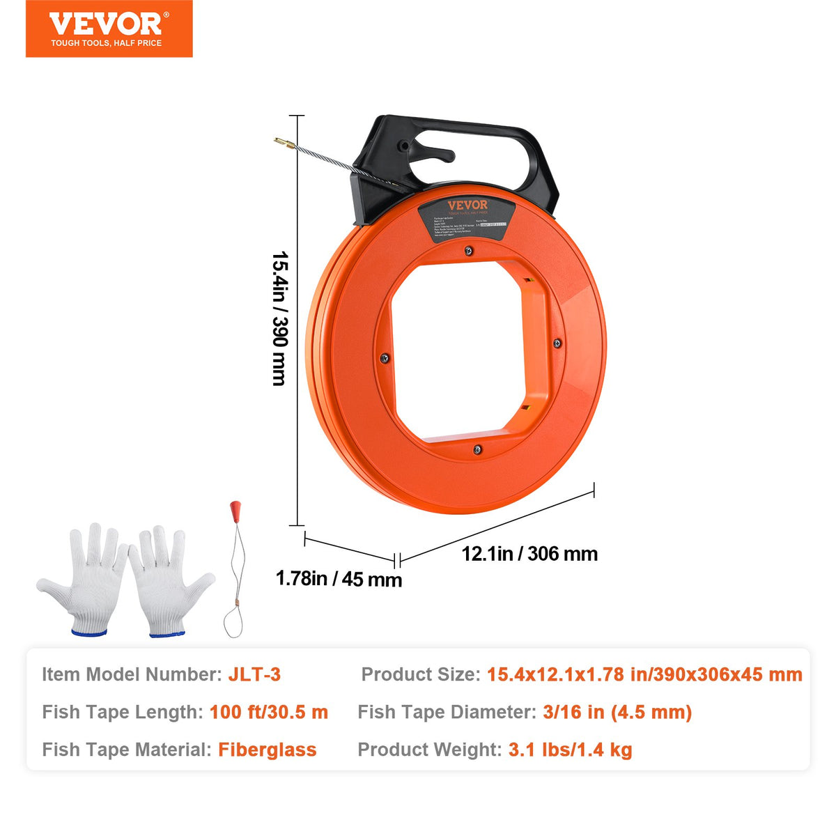 Fish Tape, 100 ft, 3/16-inch, Fiberglass Wire Puller with Optimized Housing and Handle, Easy-to-Use Cable V952-DJPYD316100FT6K90V0