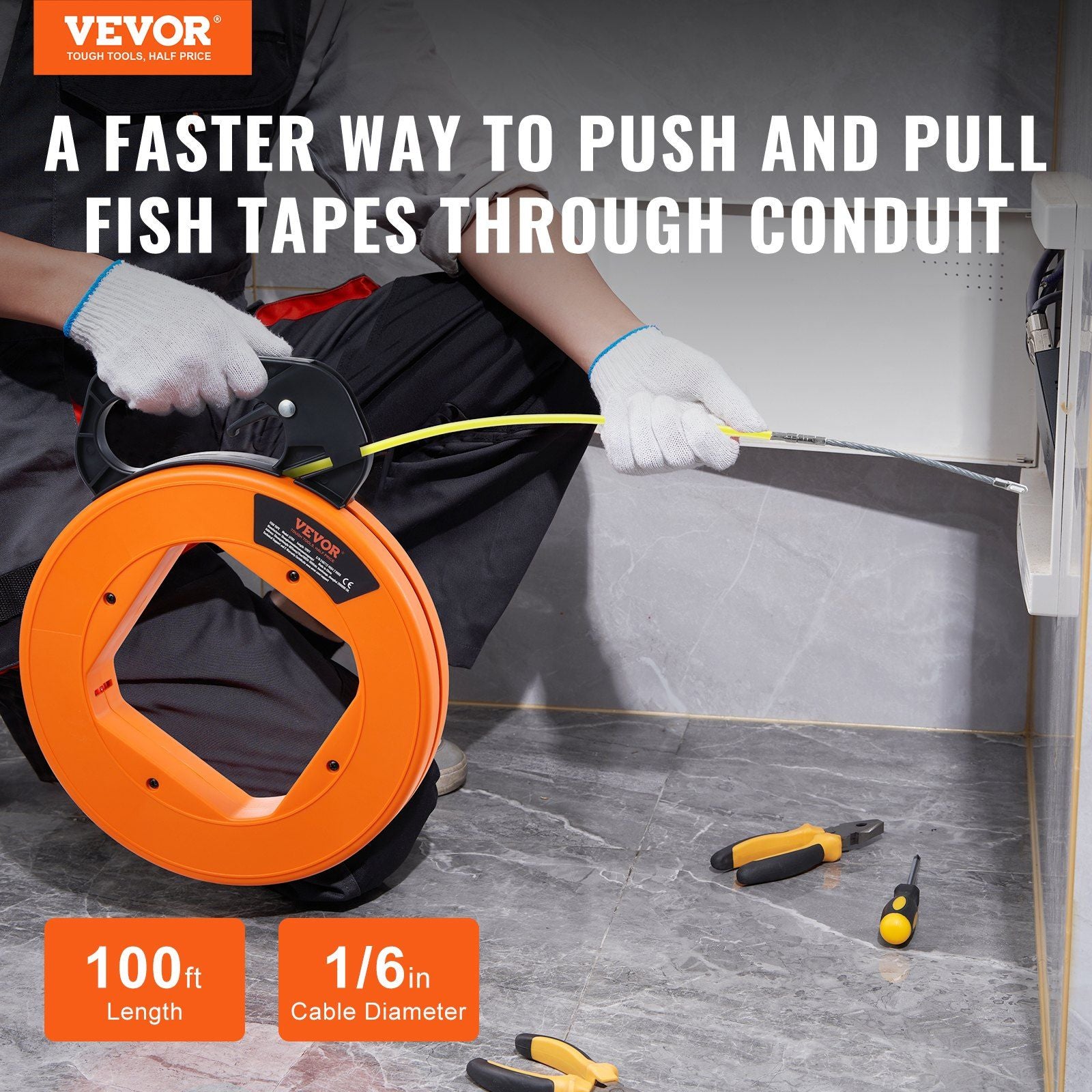 Fish Tape, 30.5 m, 4.2 mm, Fiberglass Wire Puller with Optimized Housing and Handle, Easy-to-Use Cable Puller V952-DJPYDBLXW16IXBAHUV0