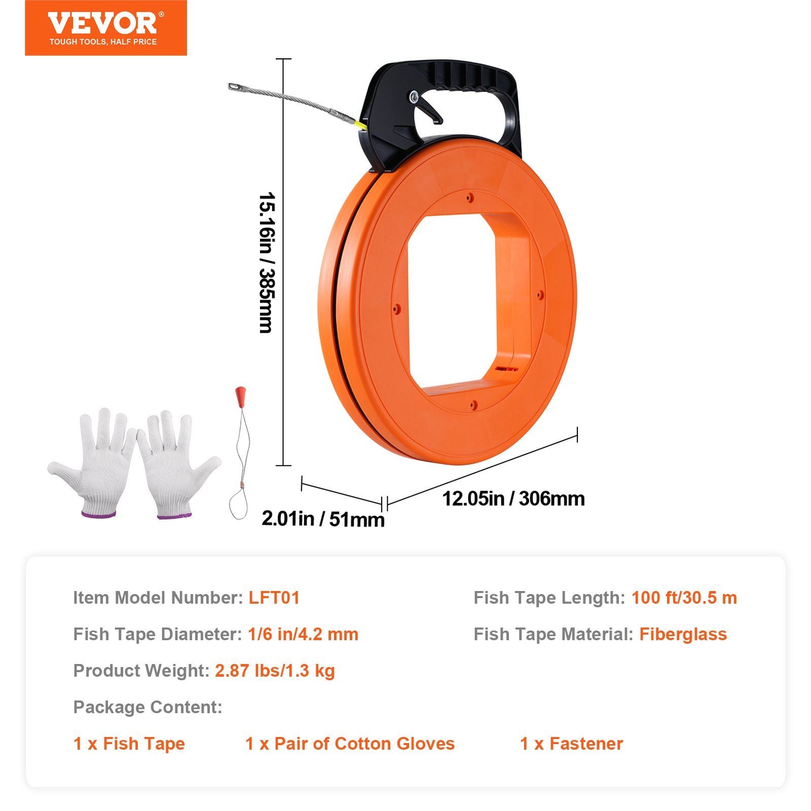 Fish Tape, 30.5 m, 4.2 mm, Fiberglass Wire Puller with Optimized Housing and Handle, Easy-to-Use Cable Puller V952-DJPYDBLXW16IXBAHUV0