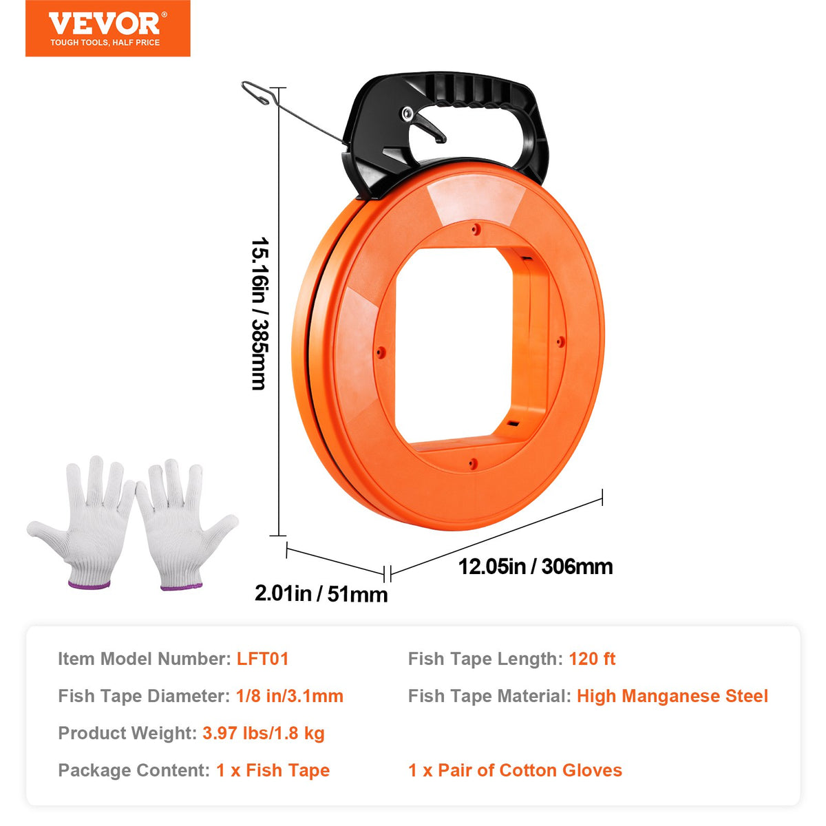 Fish Tape, 36.58 m, 3 mm, Steel Wire Puller with Optimized Housing and Handle, Easy-to-Use Cable Puller Tool, V952-DJPYDG18INCH2QNBXV0