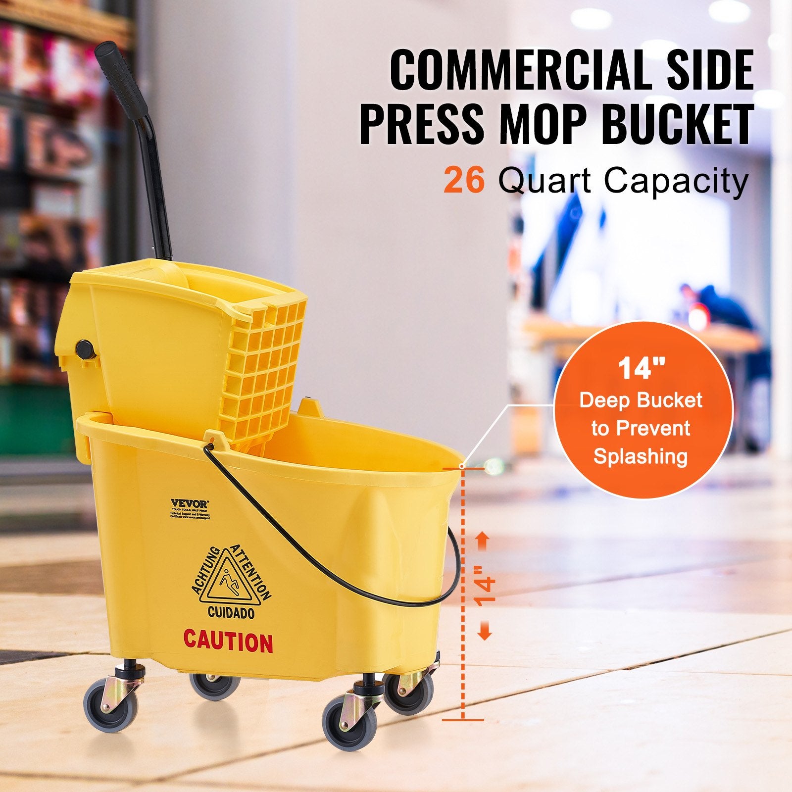 Mop Bucket with Wringer, 26 Qt. Commercial Mop Bucket with Side Press Wringer, Side-Press Mop Bucket and V952-DJSDTBT2628QRG0VAV0