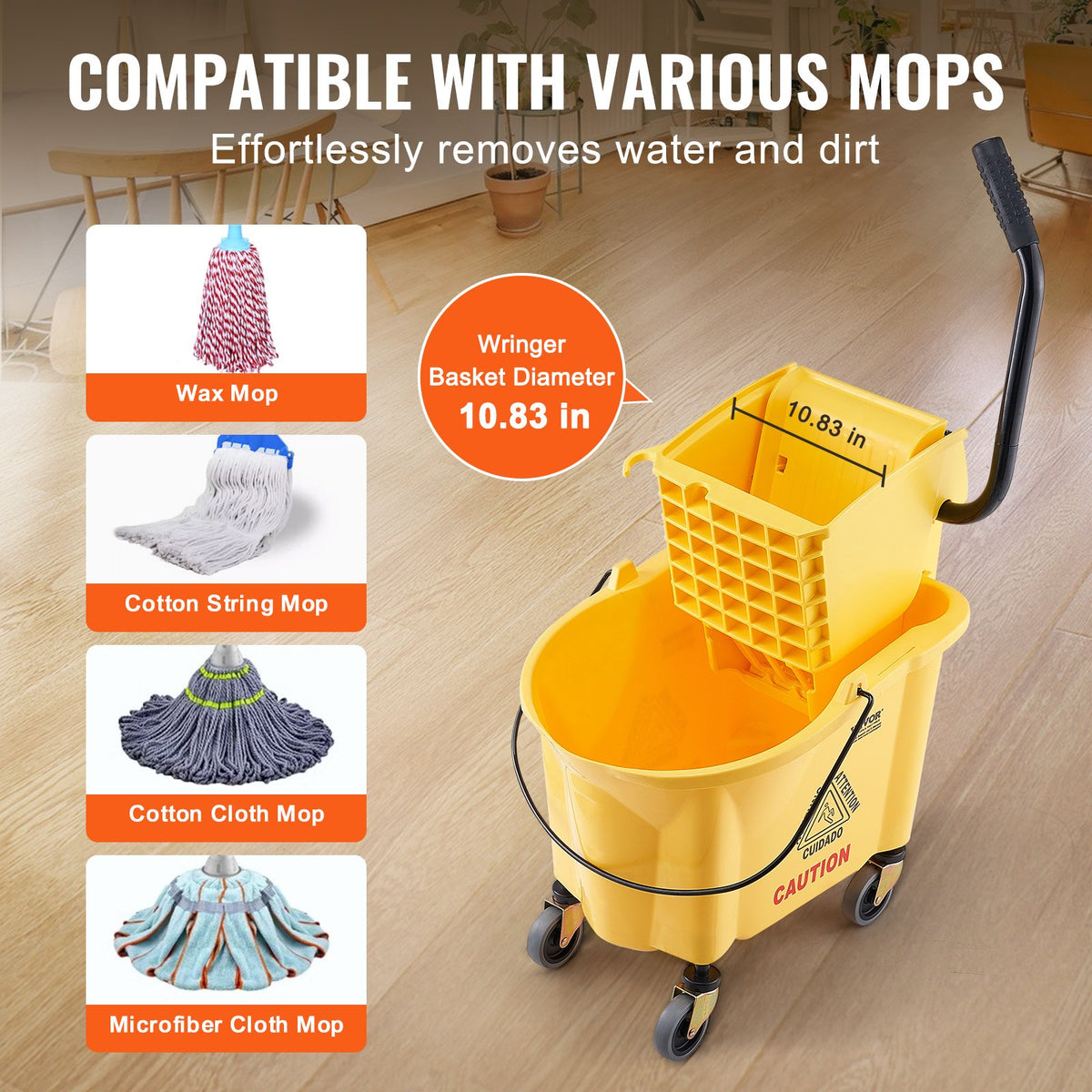 Mop Bucket with Wringer, 26 Qt. Commercial Mop Bucket with Side Press Wringer, Side-Press Mop Bucket and V952-DJSDTBT2628QRG0VAV0