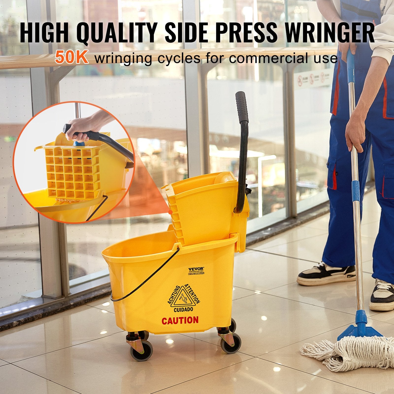 Mop Bucket with Wringer, 26 Qt. Commercial Mop Bucket with Side Press Wringer, Side-Press Mop Bucket and V952-DJSDTBT2628QRG0VAV0
