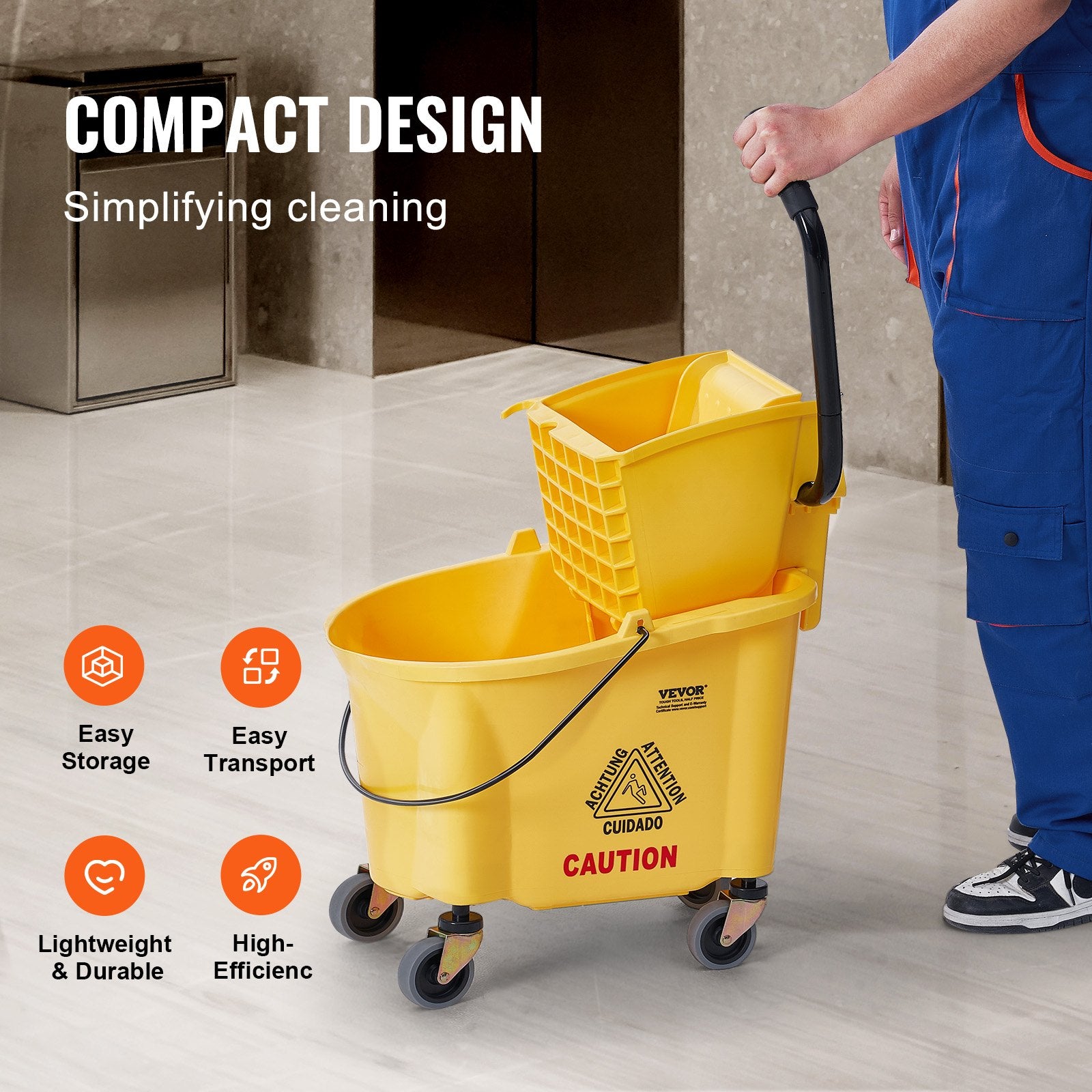 Mop Bucket with Wringer, 26 Qt. Commercial Mop Bucket with Side Press Wringer, Side-Press Mop Bucket and V952-DJSDTBT2628QRG0VAV0