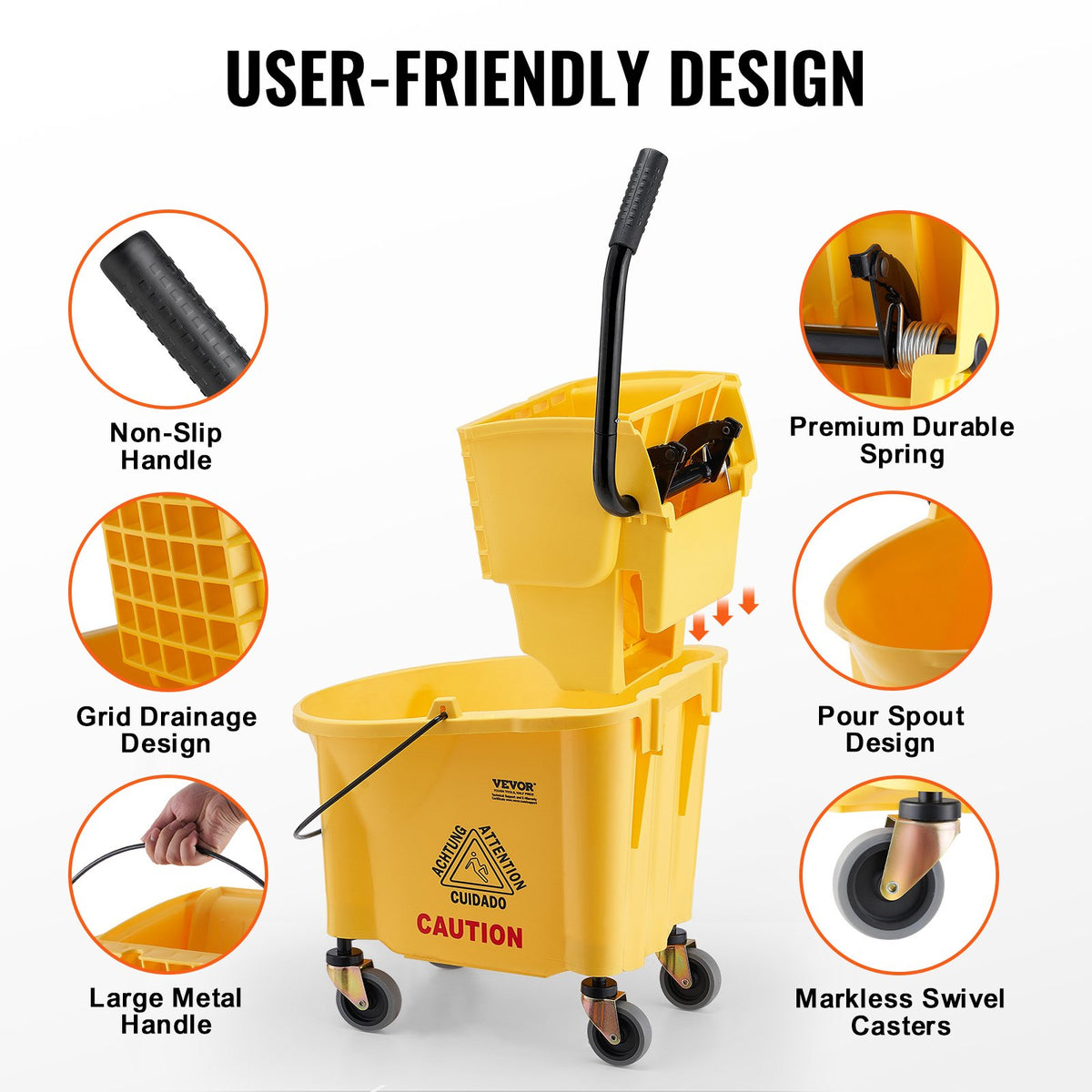 Mop Bucket with Wringer, 26 Qt. Commercial Mop Bucket with Side Press Wringer, Side-Press Mop Bucket and V952-DJSDTBT2628QRG0VAV0