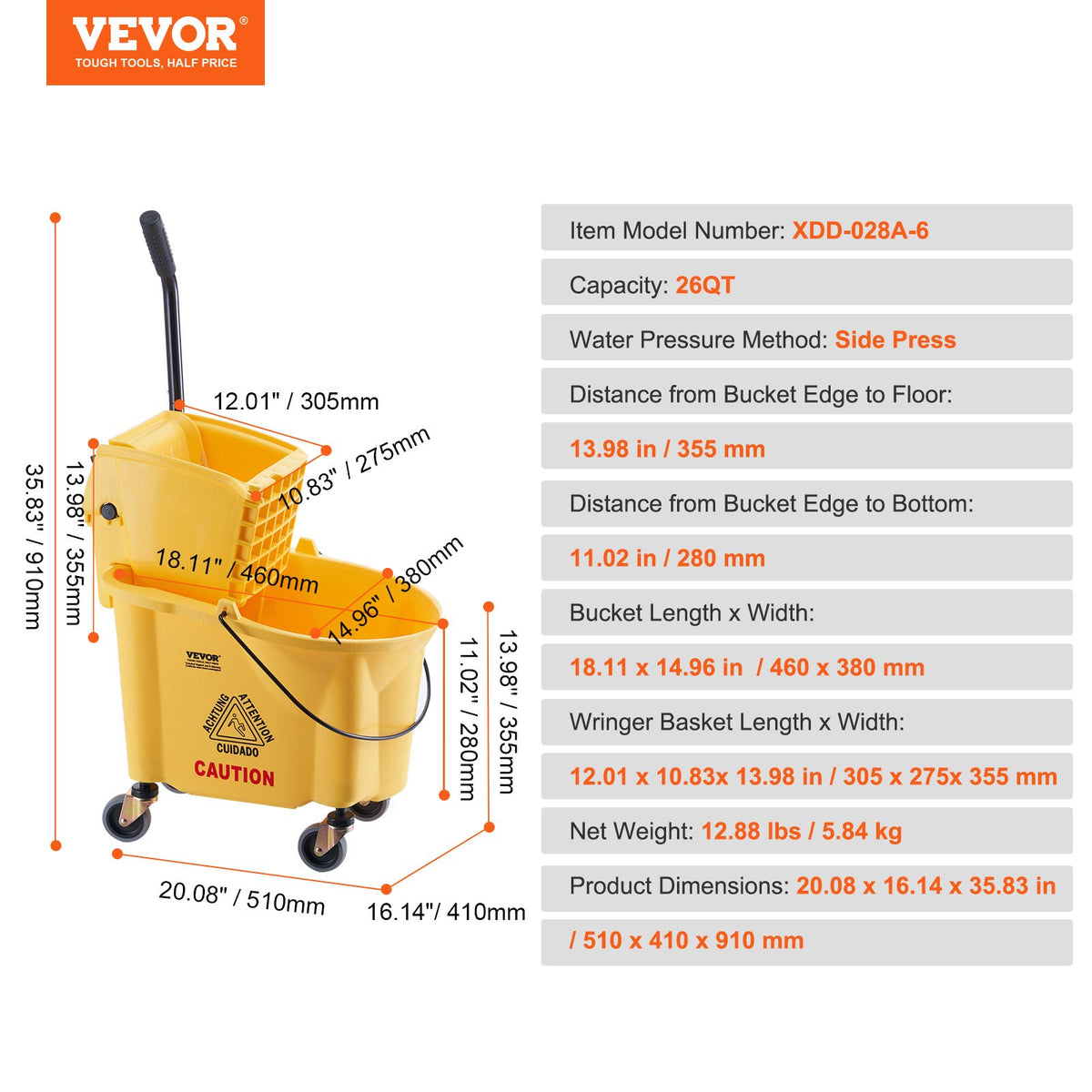 Mop Bucket with Wringer, 26 Qt. Commercial Mop Bucket with Side Press Wringer, Side-Press Mop Bucket and V952-DJSDTBT2628QRG0VAV0