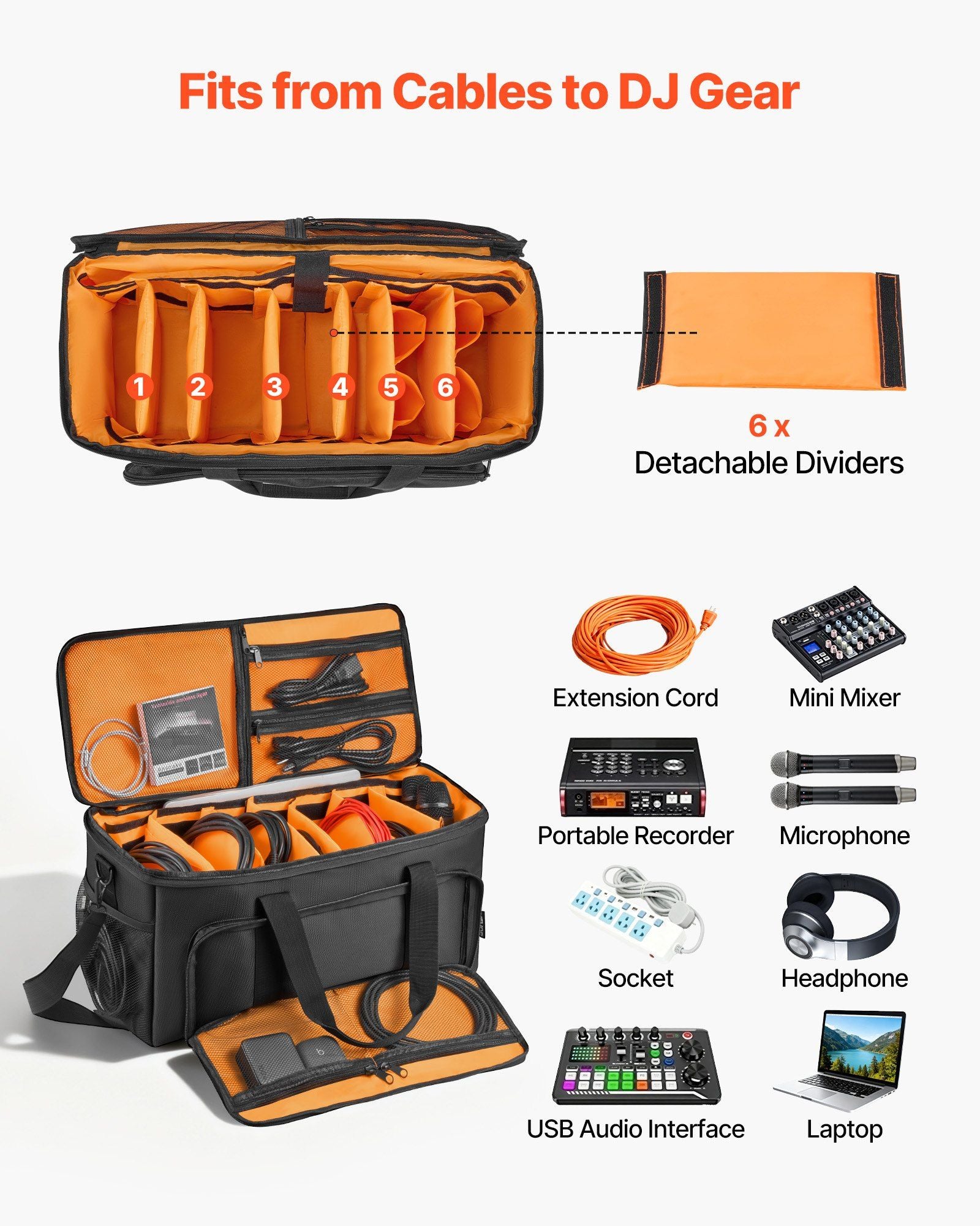 Rolling DJ Cable Bag, 1680D, Padded File Gig Bag with Wheels, 6 Detachable Divider, Travel Storage Music Gear V952-DJSNB1680DZH0XLYB001V0