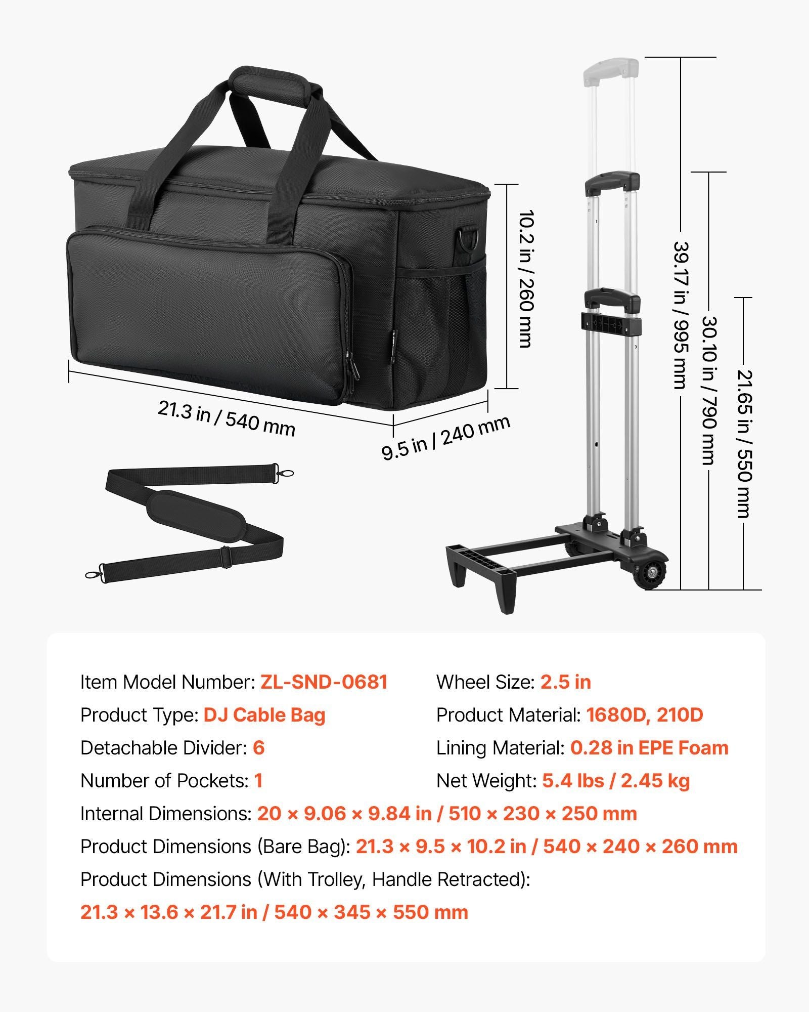 Rolling DJ Cable Bag, 1680D, Padded File Gig Bag with Wheels, 6 Detachable Divider, Travel Storage Music Gear V952-DJSNB1680DZH0XLYB001V0