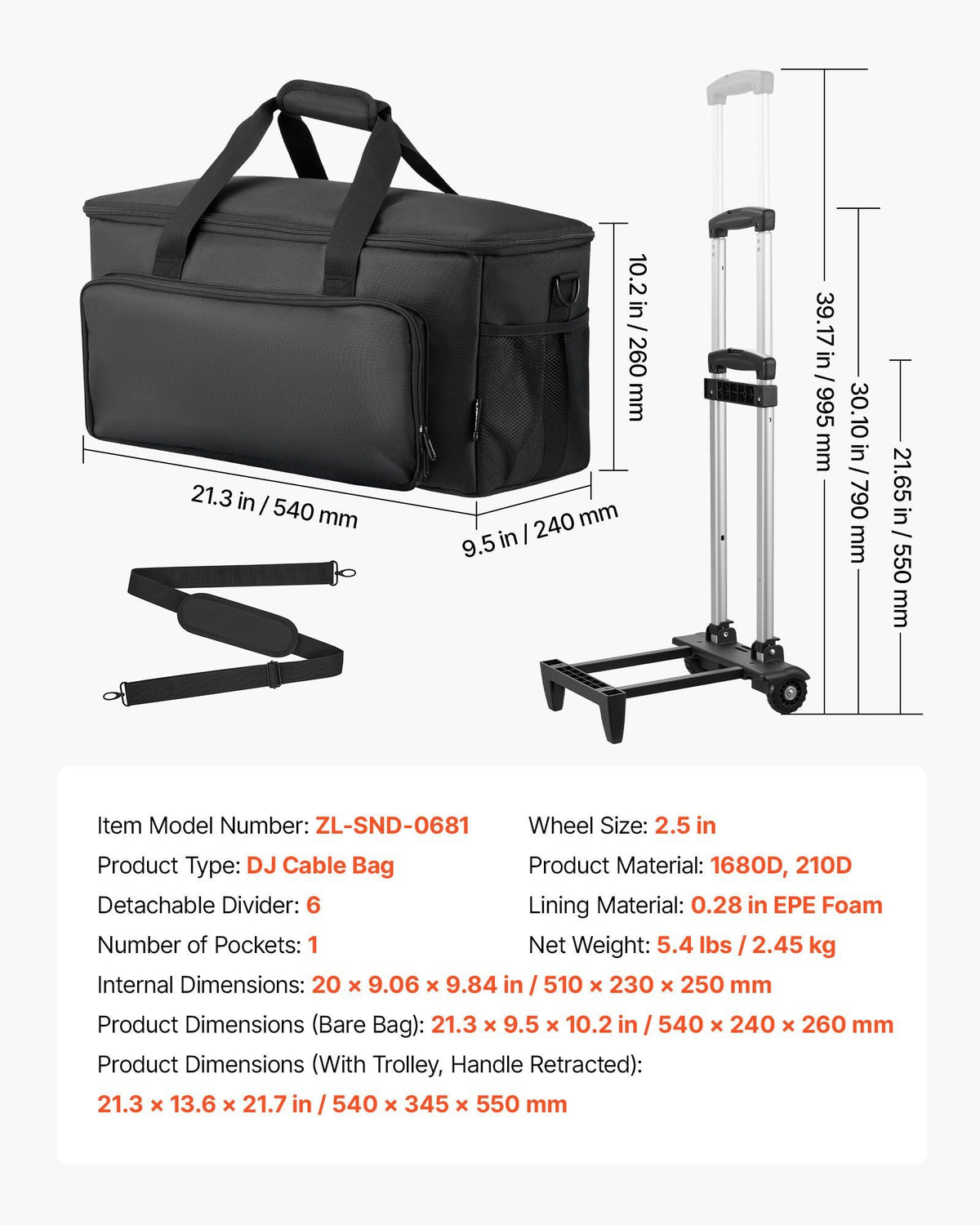 Rolling DJ Cable Bag, 1680D, Padded File Gig Bag with Wheels, 6 Detachable Divider, Travel Storage Music Gear V952-DJSNB1680DZH0XLYB001V0