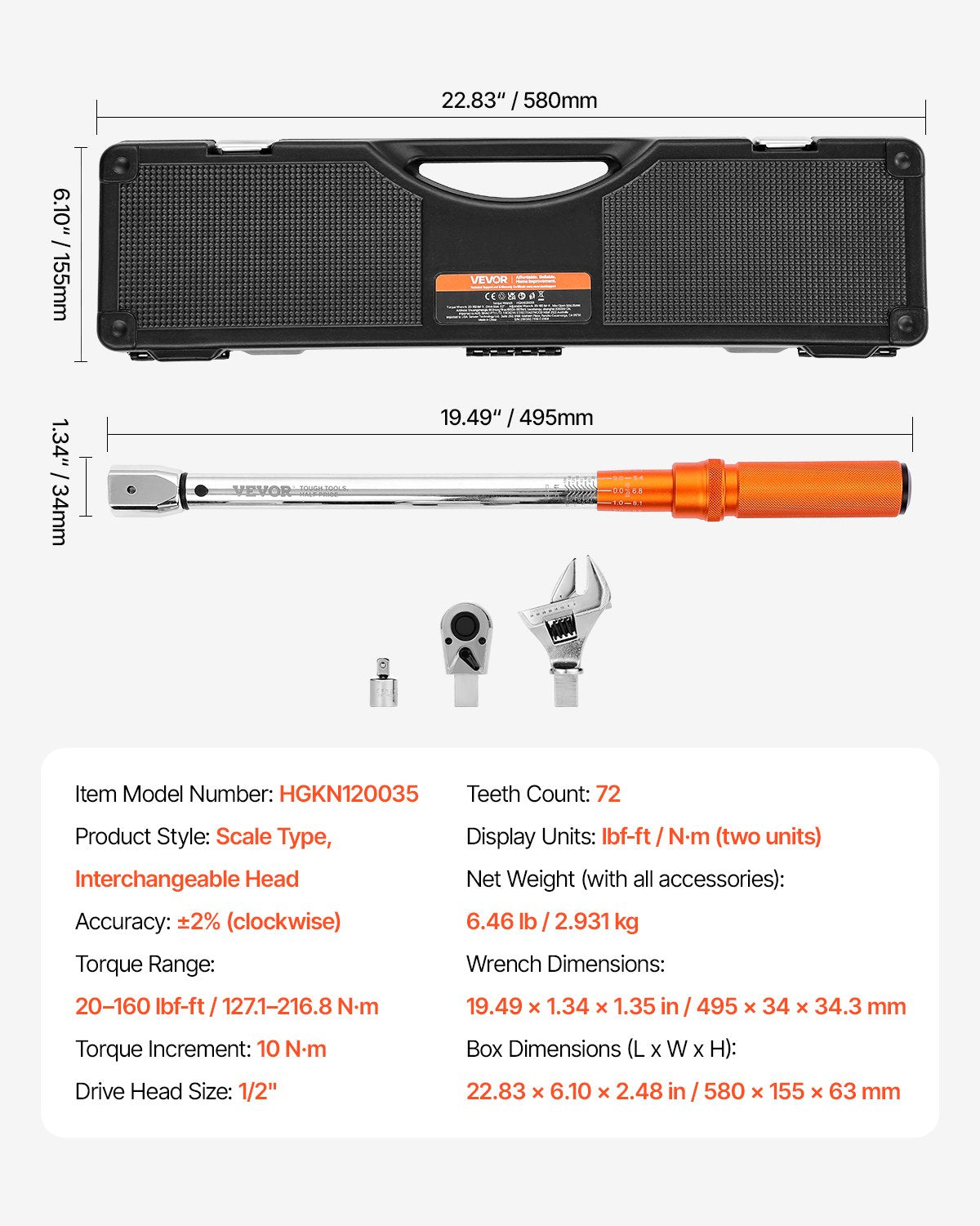 Adjustable Click Torque Wrench, 1/2 Inch Drive, 20-160 lbf-ft/27.1-216.8 N.m, Dual-direction and Dual Range V952-DJSNLBS101708PMCDV0