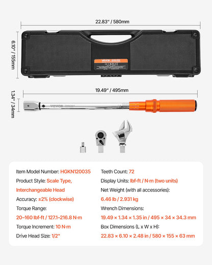 Adjustable Click Torque Wrench, 1/2 Inch Drive, 20-160 lbf-ft/27.1-216.8 N.m, Dual-direction and Dual Range V952-DJSNLBS101708PMCDV0
