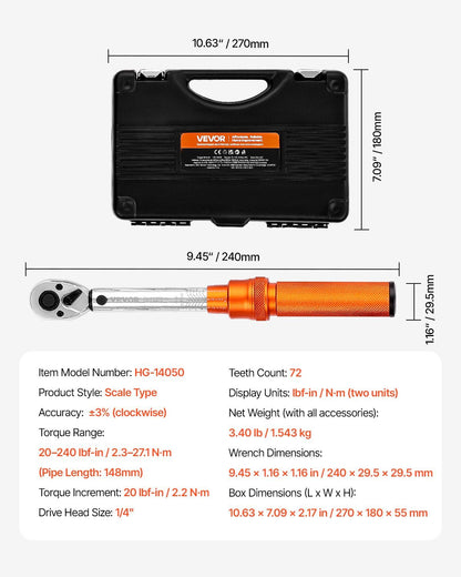 Click Torque Wrench Set, 1/4Inch Drive, 20-240 lbf-in / 2.3-27.1N.m, Dual-direction and Dual Range Scales, V952-DJSNLBS102300IUGKV0