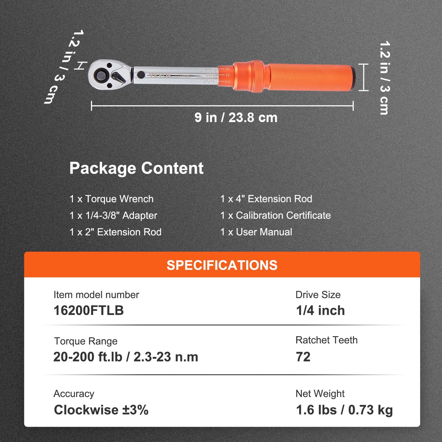 Torque Wrench Adjustable Torque Wrench 1/4" Drive 20-200in.lb/2.3-23Nm V952-DJSNLBSKDSSZN4391V0