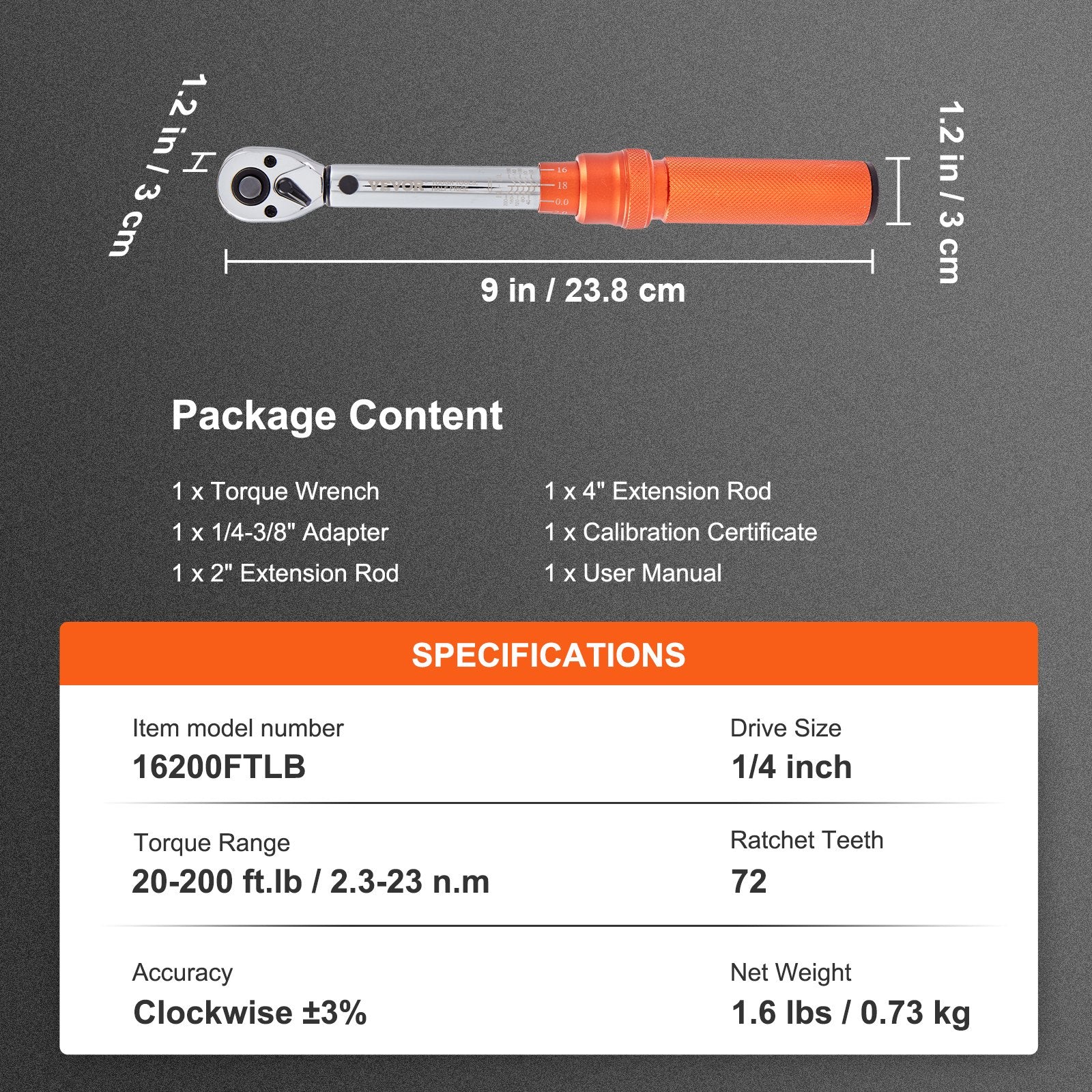 Torque Wrench Adjustable Torque Wrench 1/4" Drive 20-200in.lb/2.3-23Nm V952-DJSNLBSKDSSZN4391V0