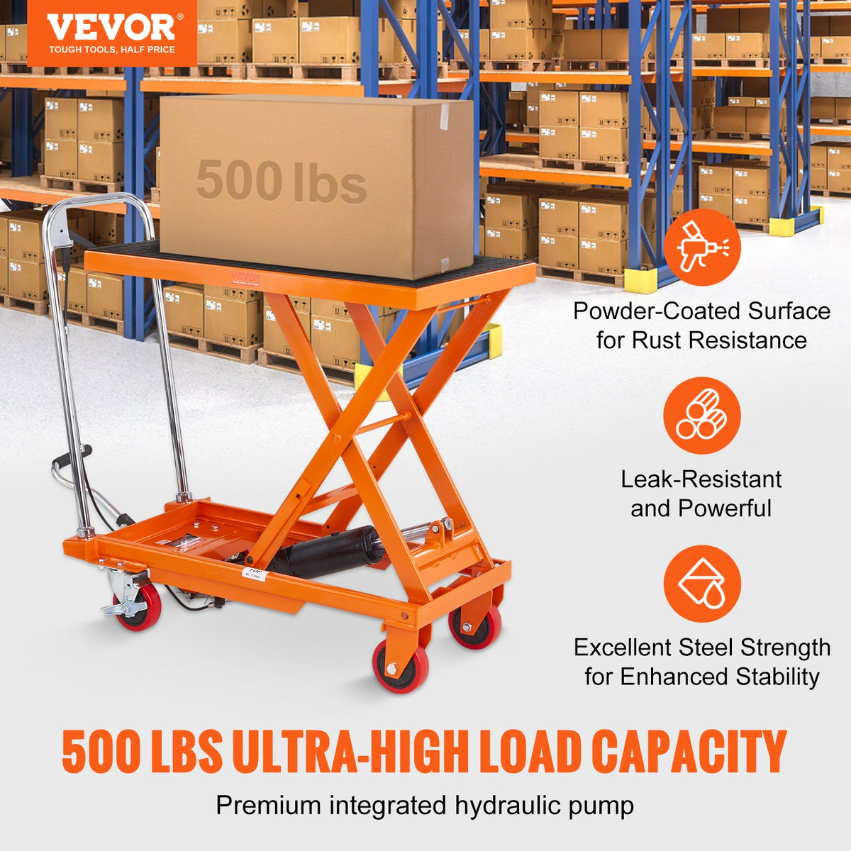 Hydraulic Lift Table Cart, 500lbs Capacity 28.5" Lifting Height, Manual Single Scissor Lift Table with 4 V952-DJYYSJPTCCS4EL7SHV0